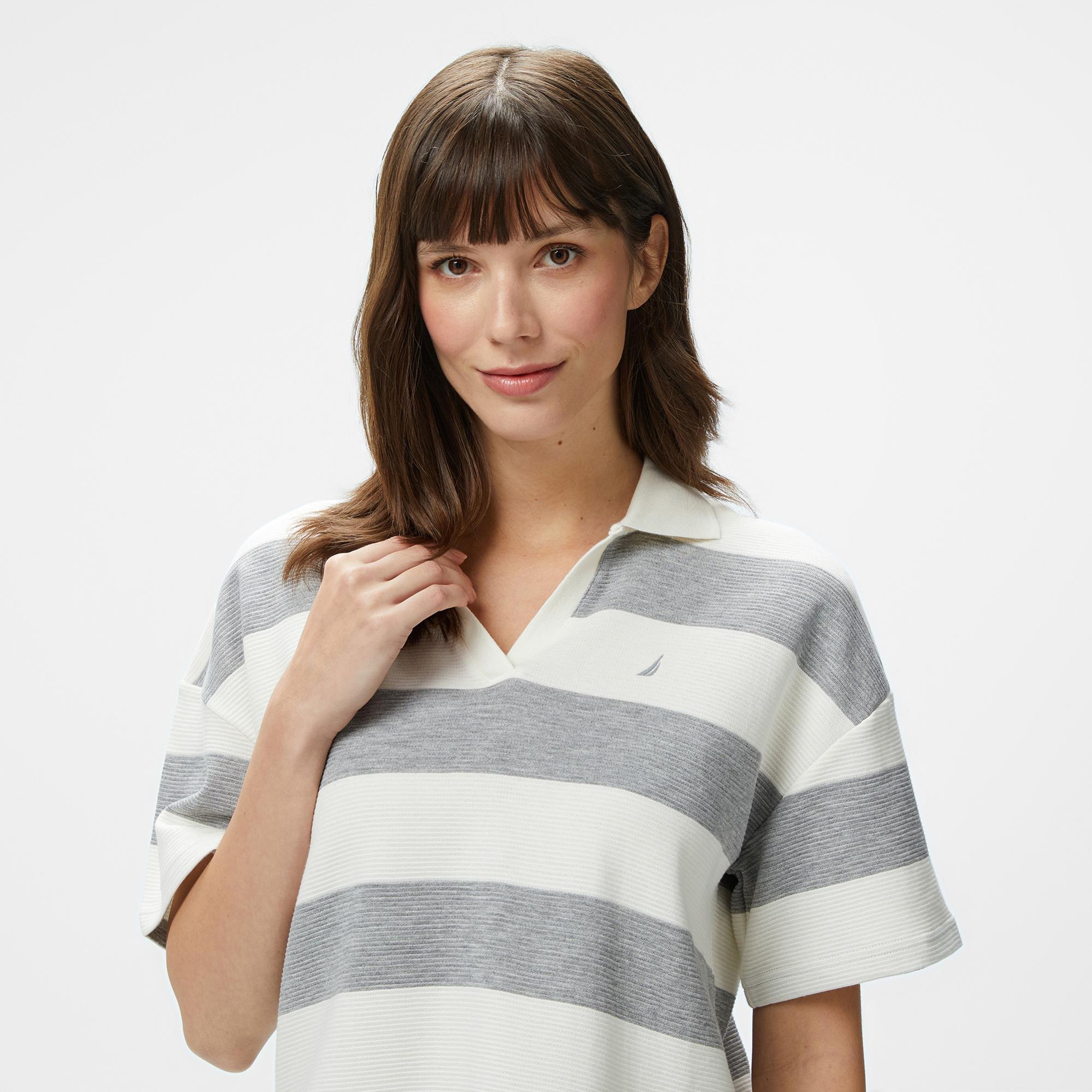 Nautica Kadın Gri Regular Fit Çizgili Polo Yaka T-Shirt