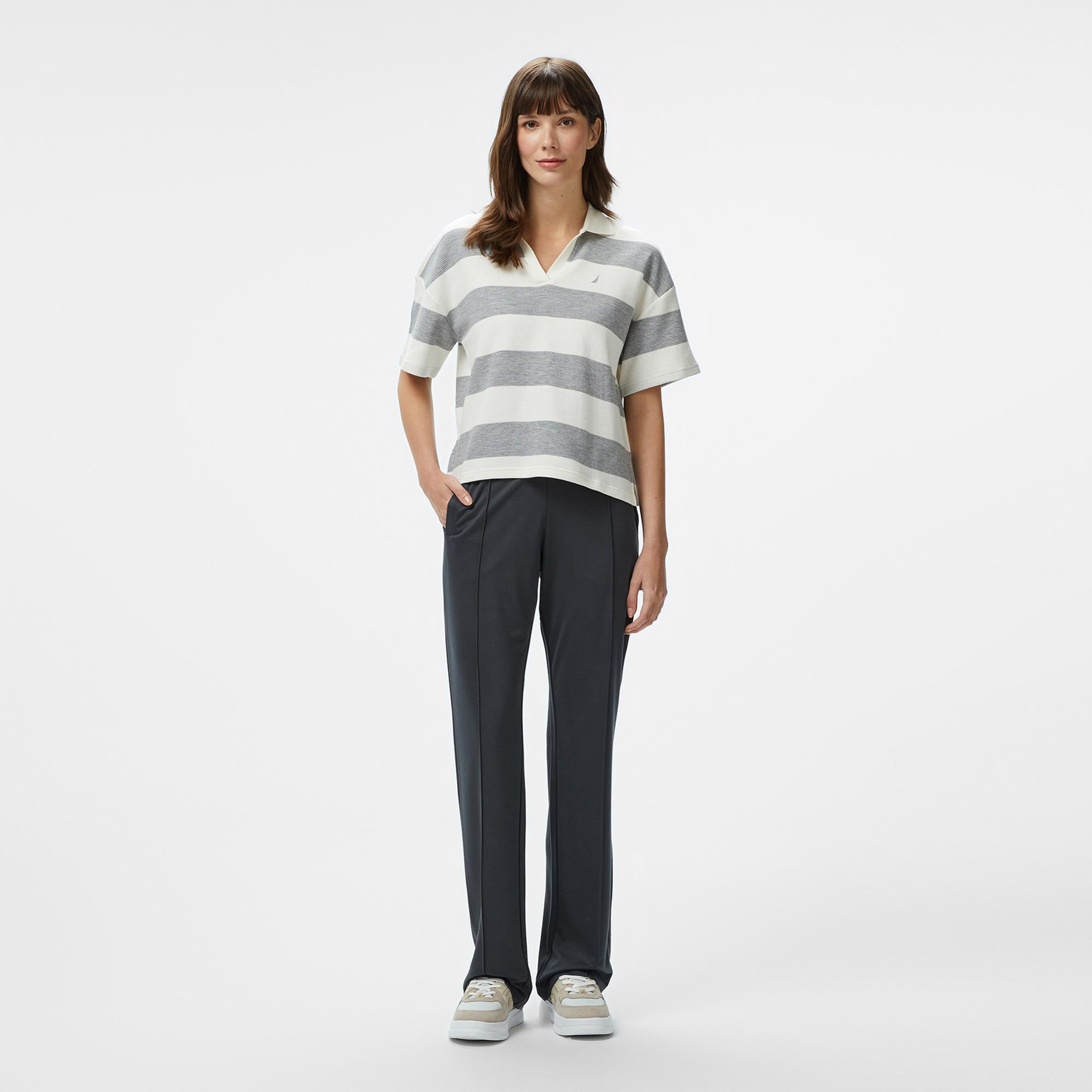 Nautica Kadın Gri Regular Fit Çizgili Polo Yaka T-Shirt
