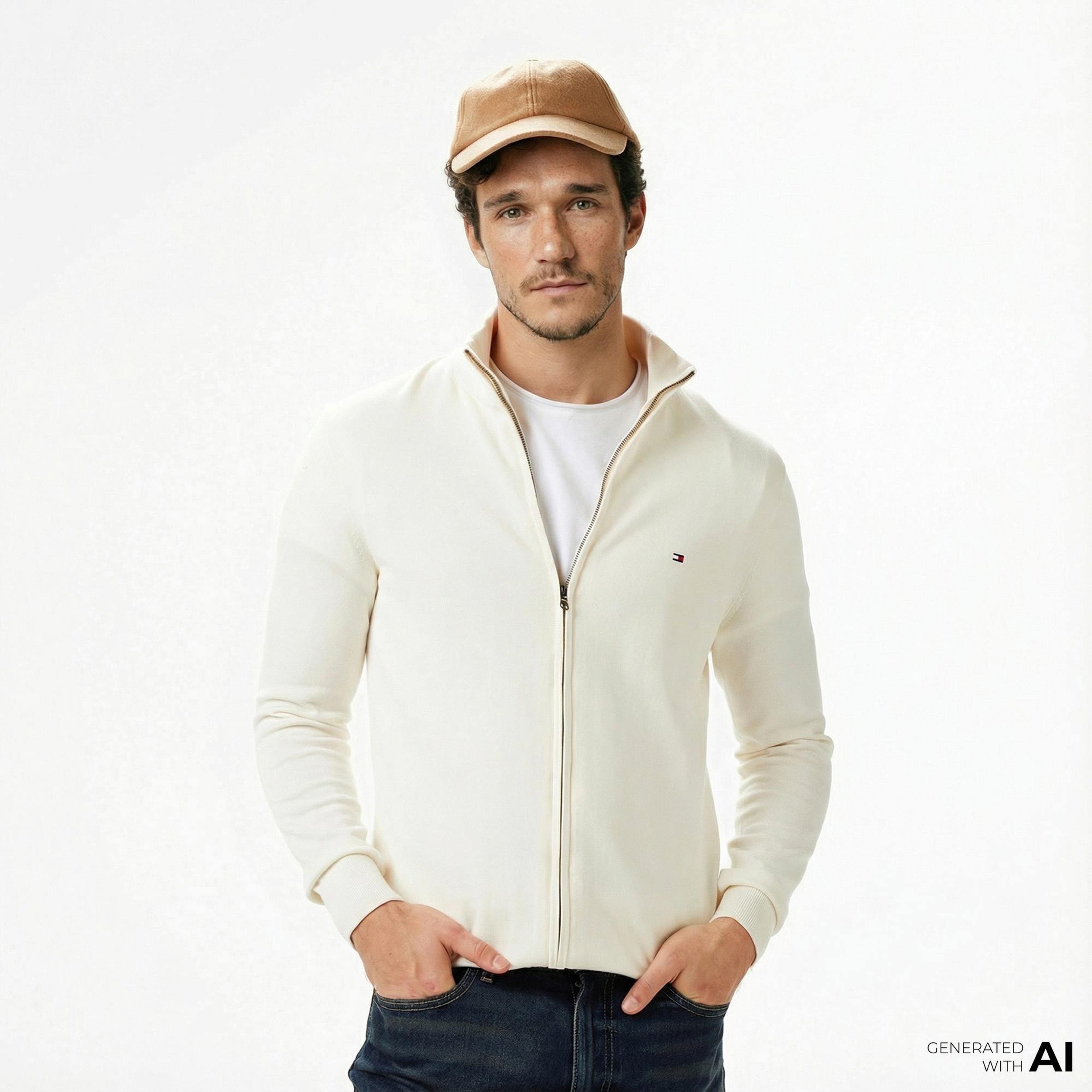 Tommy Hilfiger Essential Zip Erkek Triko Krem Hırka