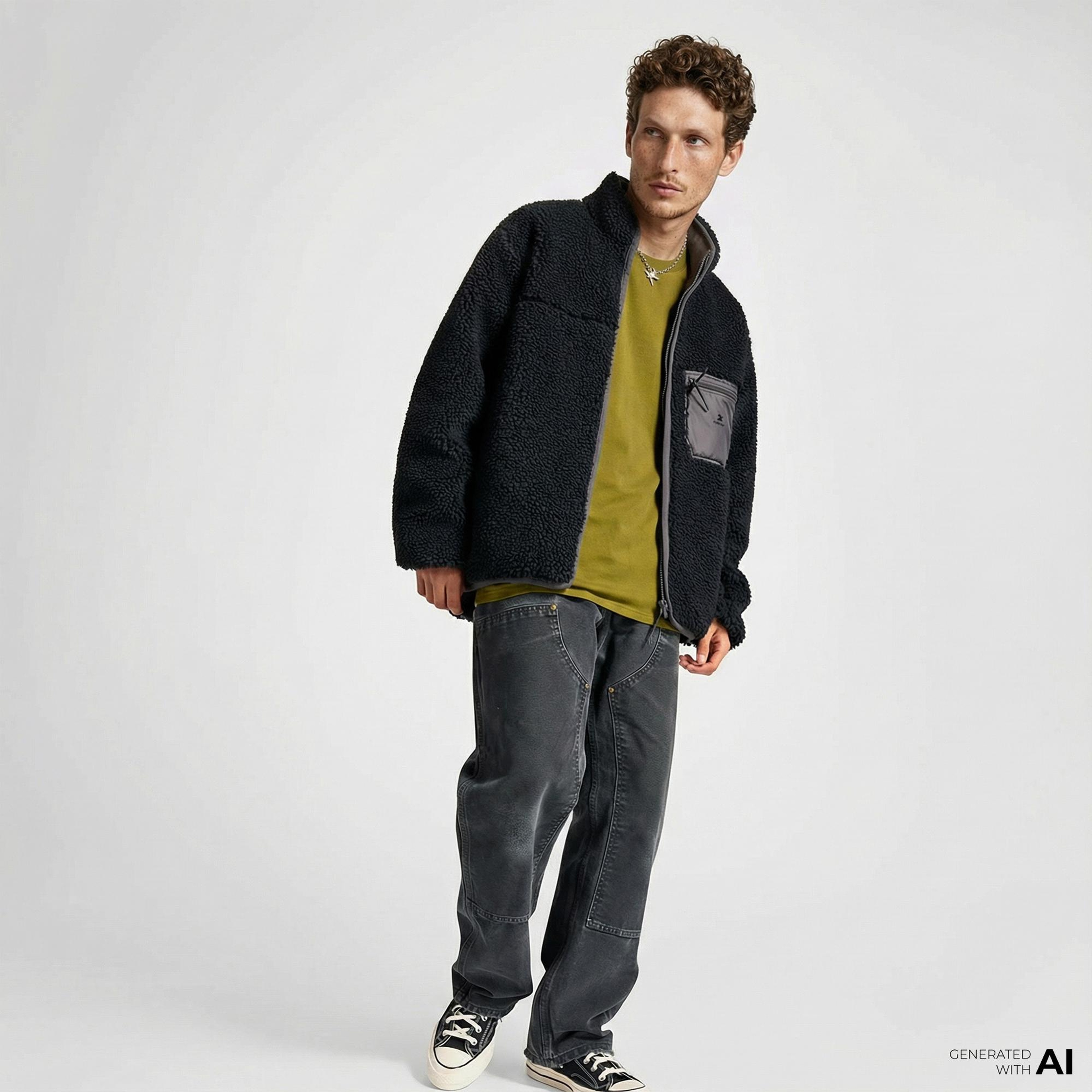 Converse Erkek Dik Yaka Çift Taraflı Siyah Mont