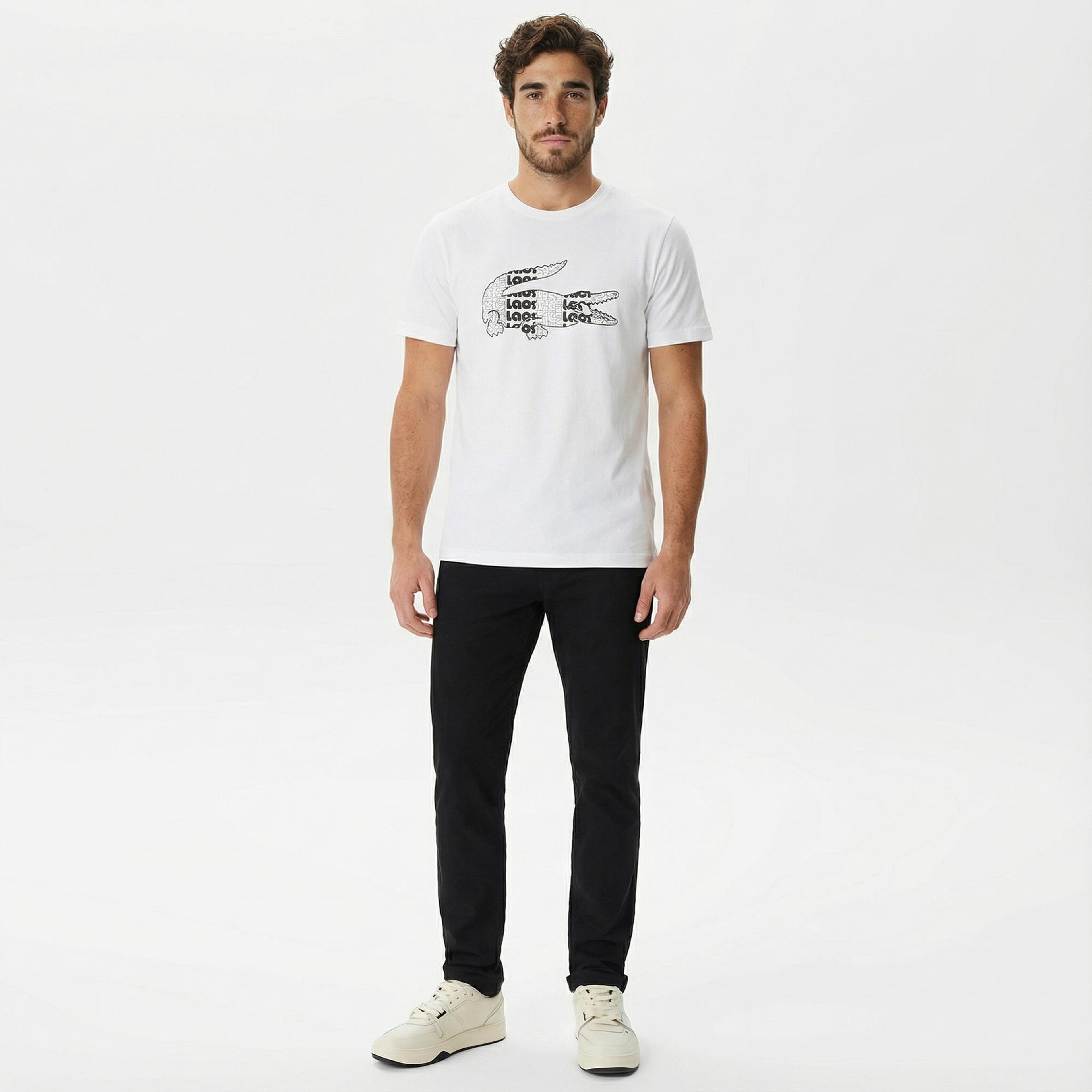 Lacoste Erkek Relaxed Fit Bisiklet Yaka Baskılı Beyaz T-Shirt