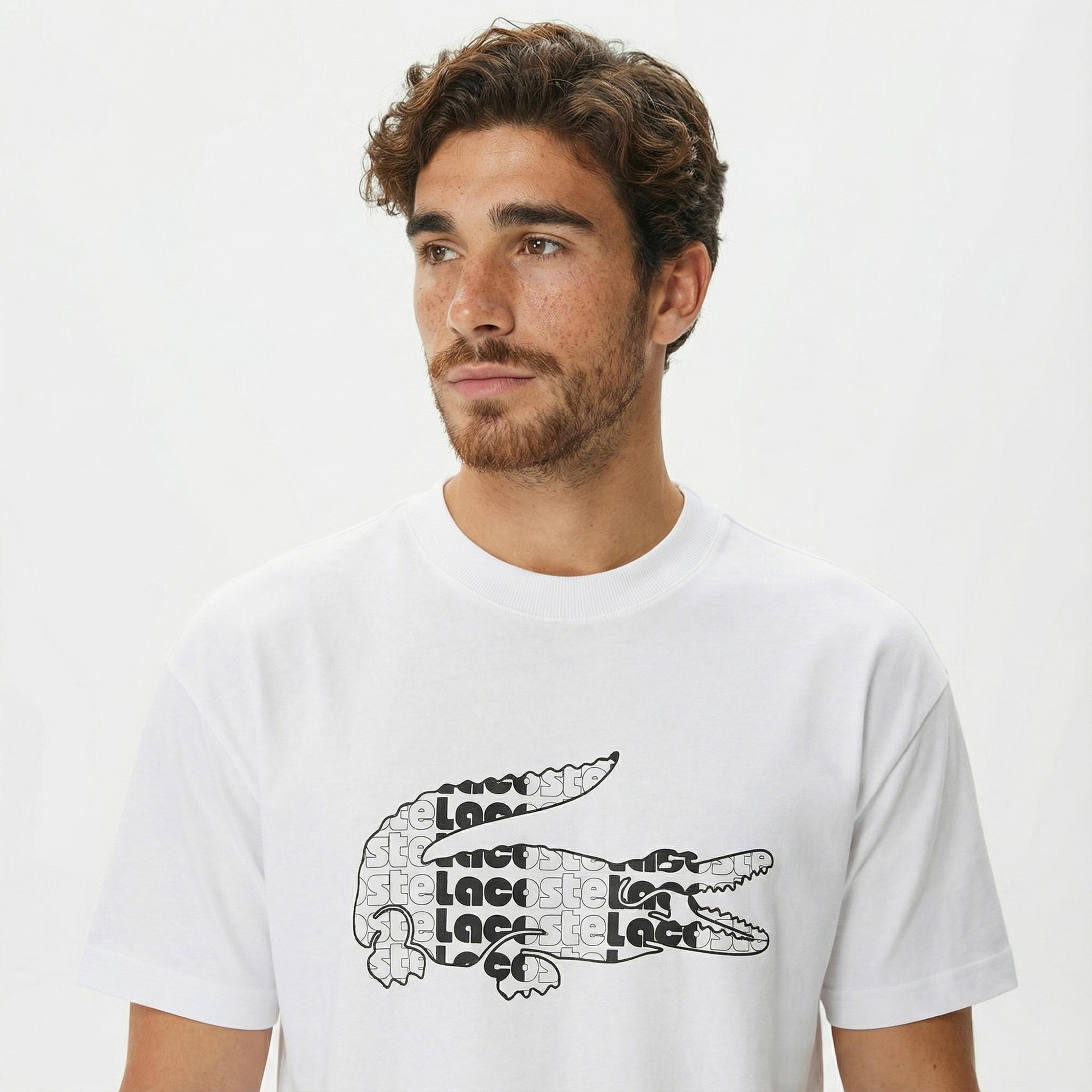 Lacoste Erkek Relaxed Fit Bisiklet Yaka Baskılı Beyaz T-Shirt