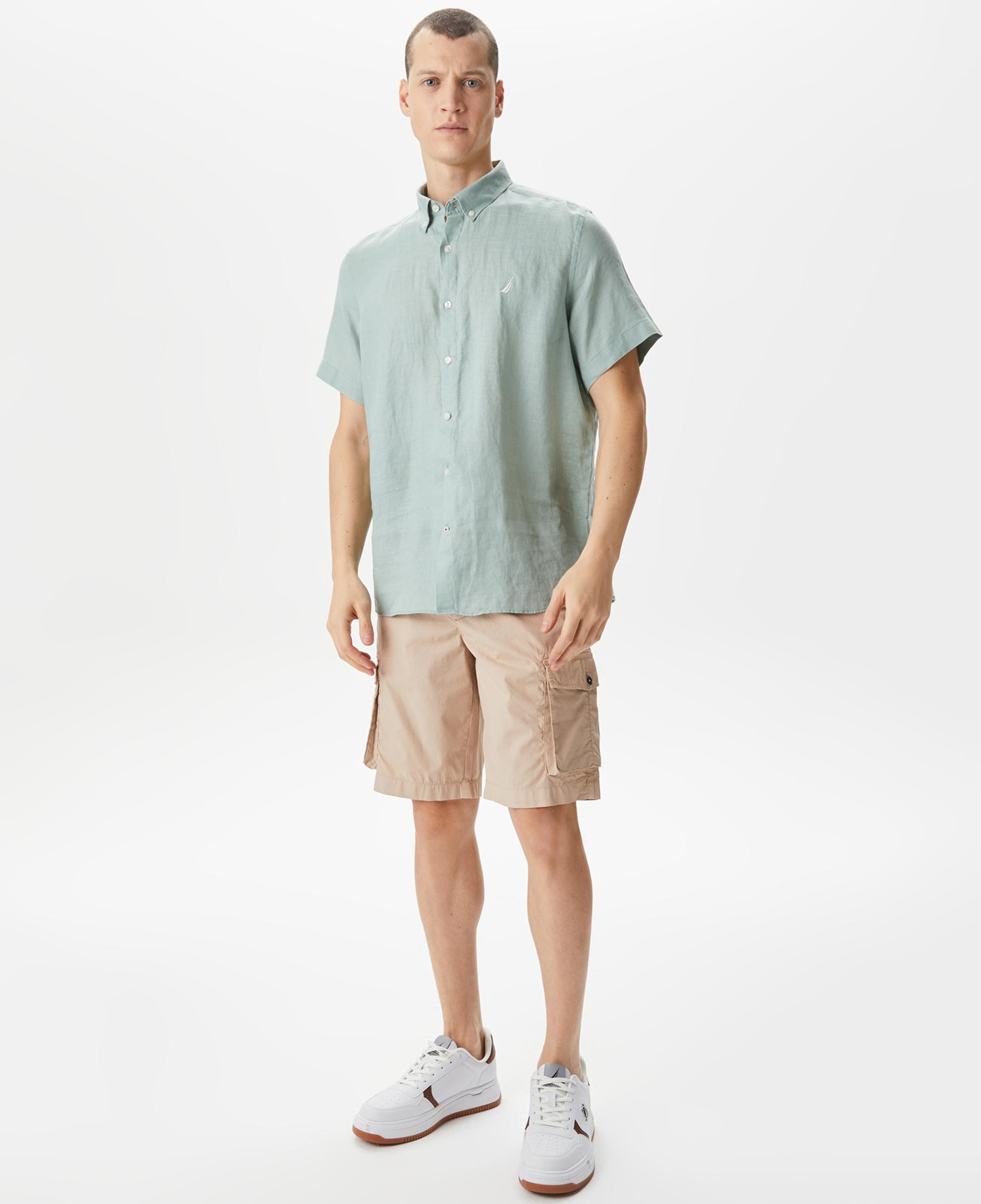 Nautica Erkek Yeşil Classic Fit Kısa Kollu Keten Gömlek