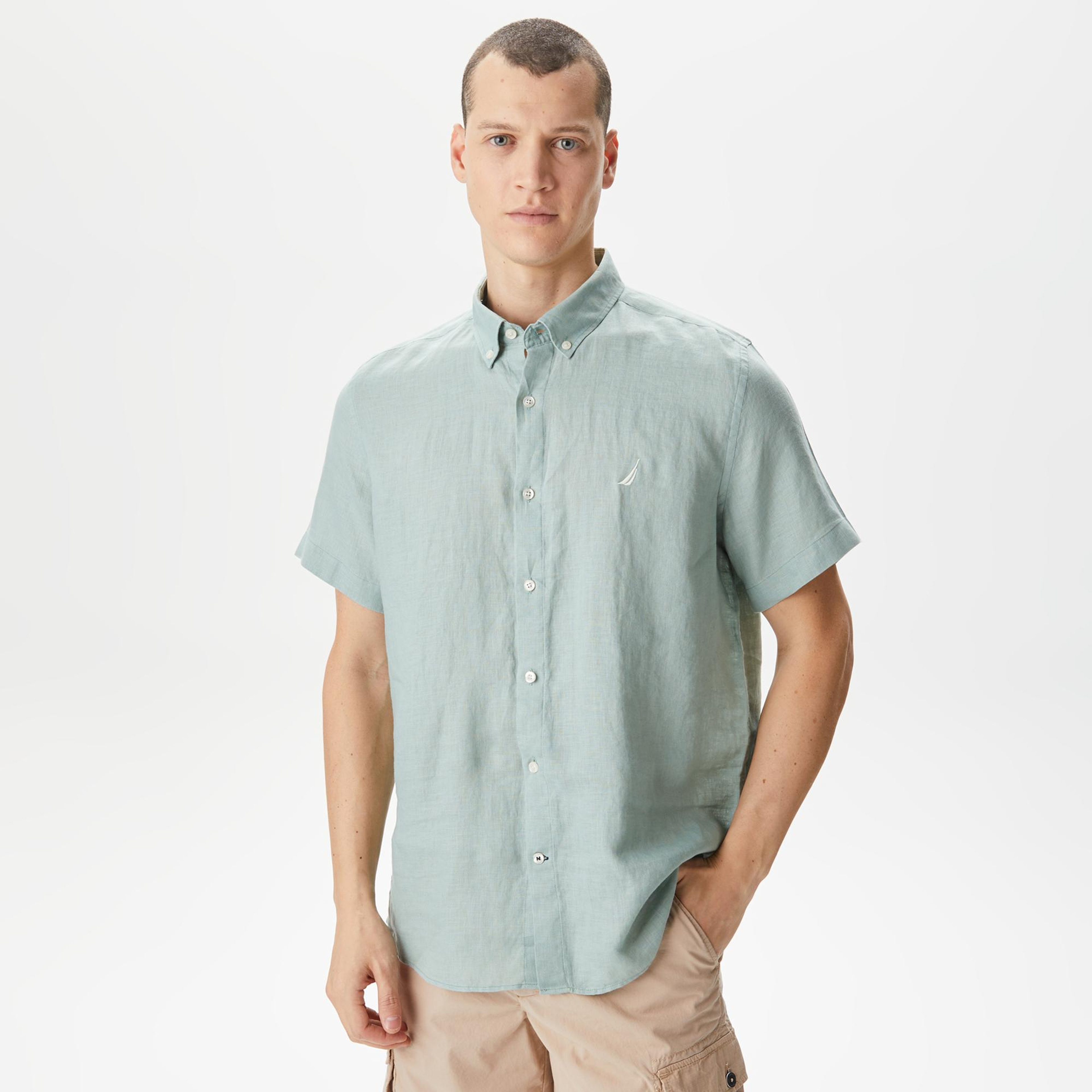 Nautica Erkek Yeşil Classic Fit Kısa Kollu Keten Gömlek
