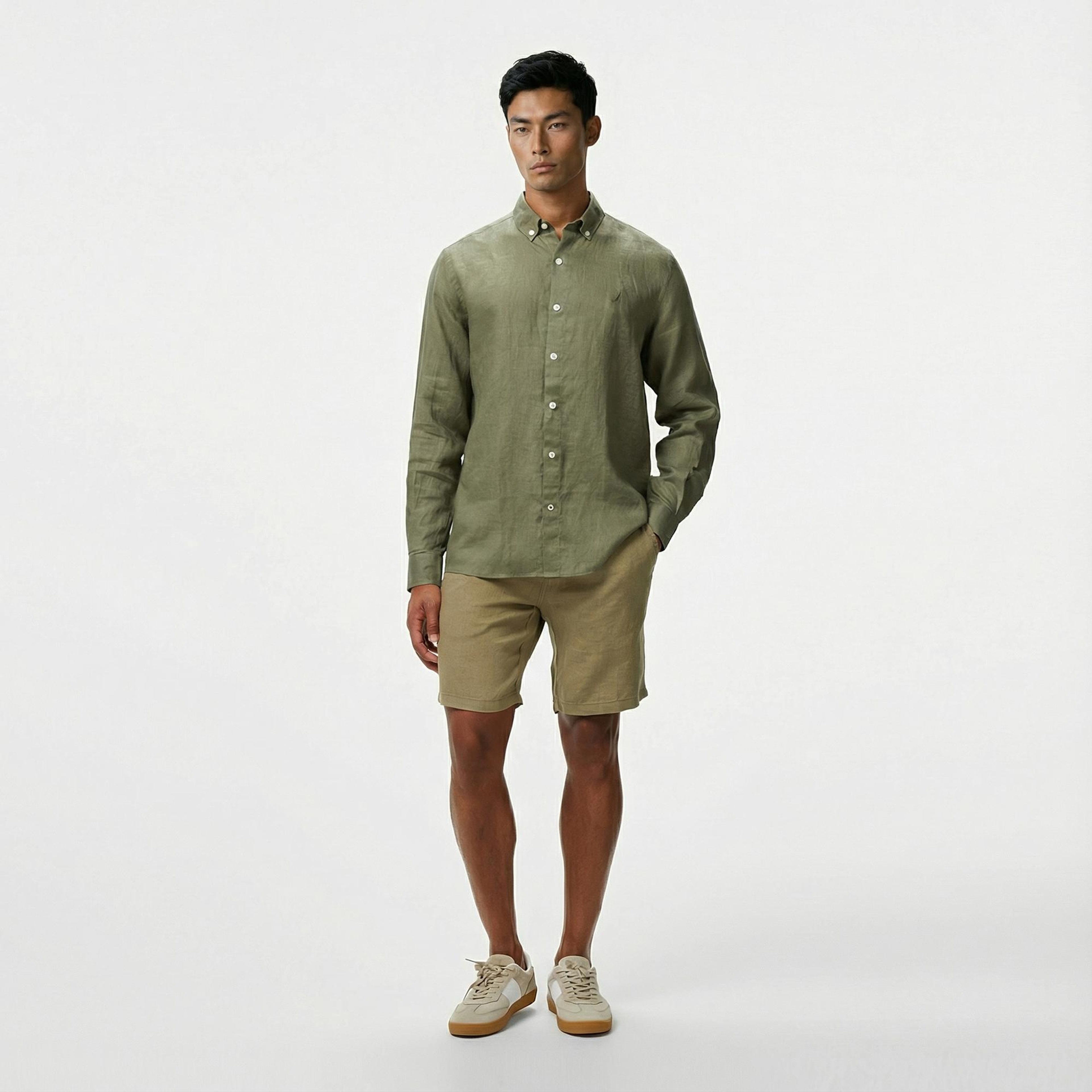 Nautica Erkek Yeşil Classic Fit Keten Gömlek
