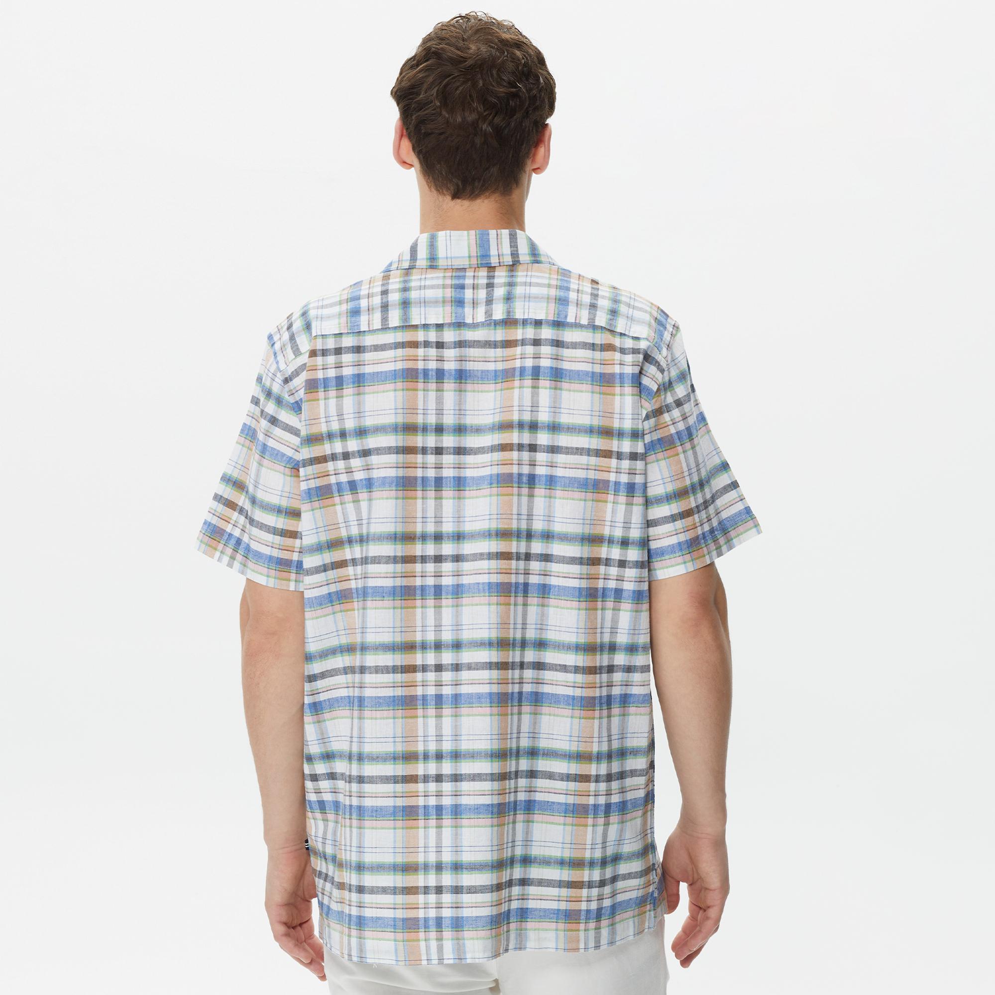 Nautica Erkek Krem Rengi Classic Fit Kısa Kollu Keten Gömlek