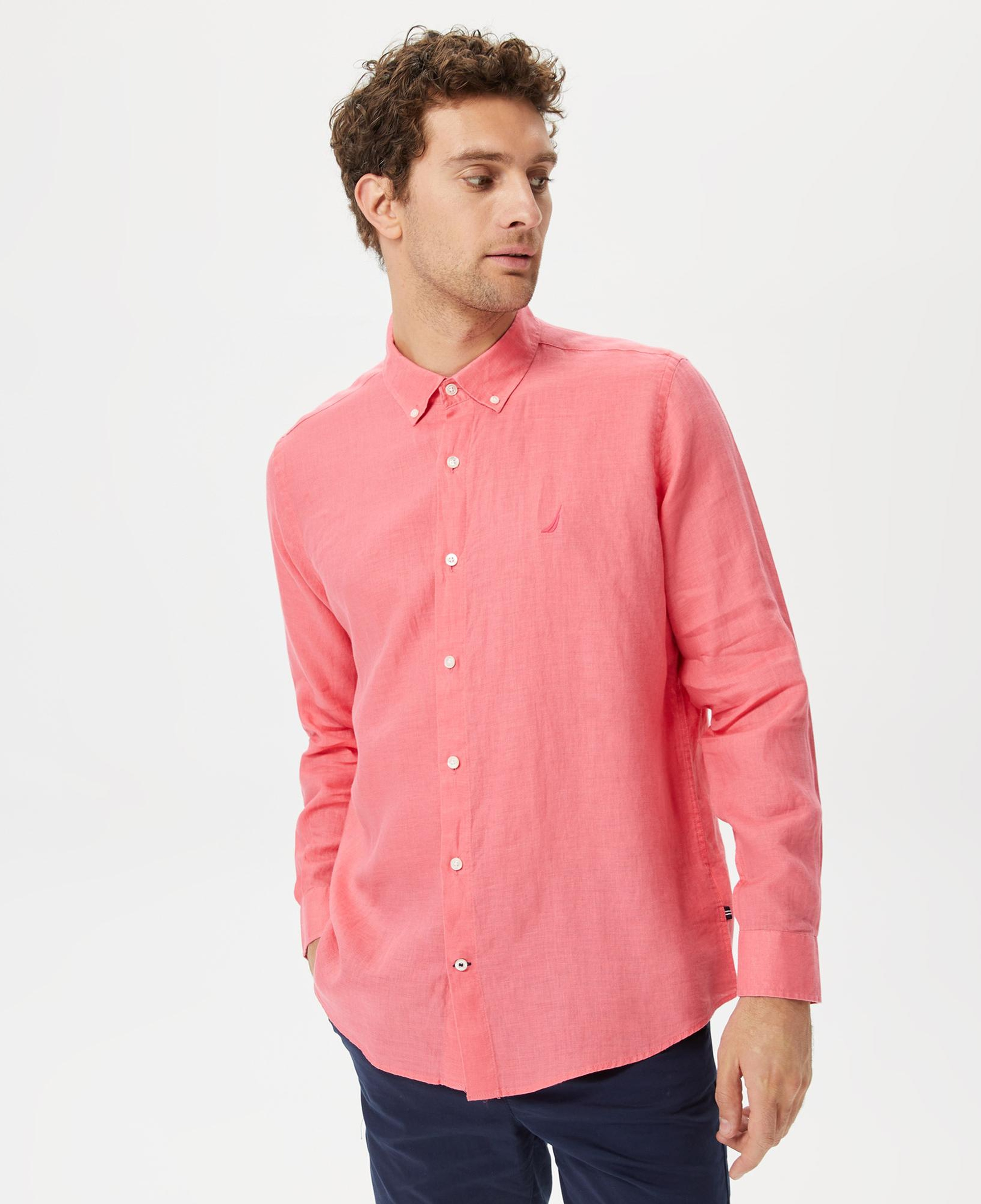 Nautica Erkek Pembe Classic Fit Uzun Kollu Keten Gömlek