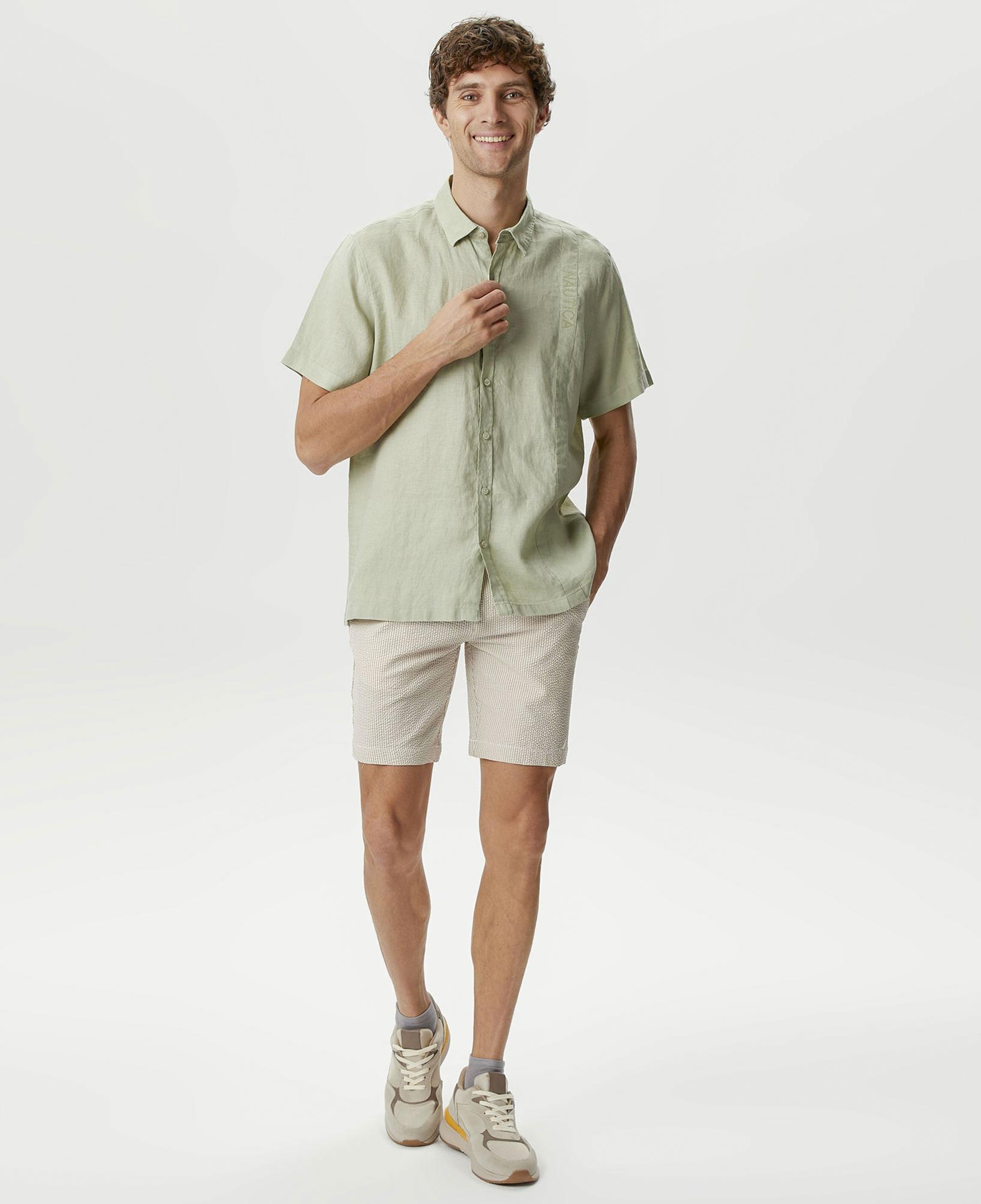 Nautica Erkek Yeşil Classic Fit Kısa Kollu Keten Gömlek