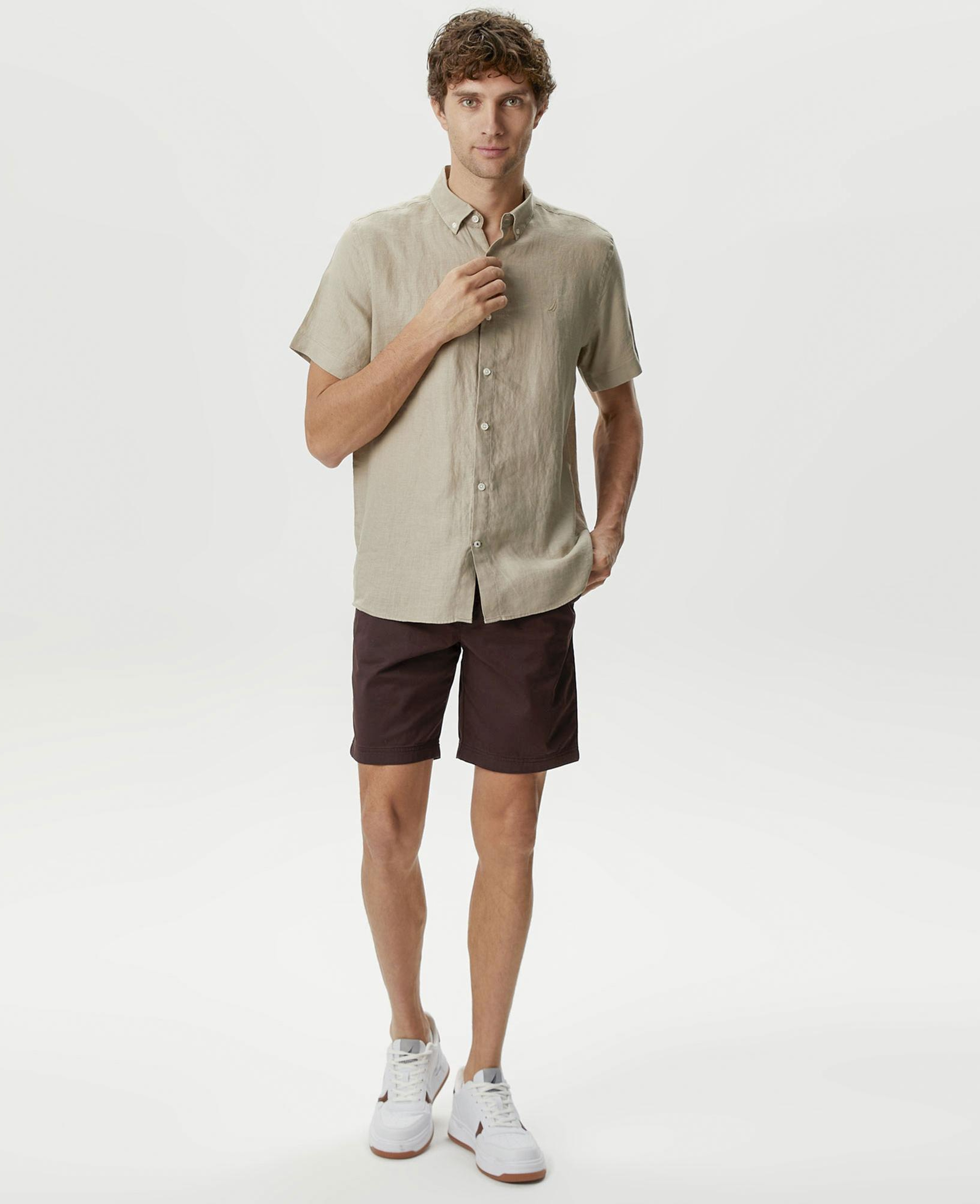 Nautica Erkek Bej Classic Fit Kısa Kollu Keten Gömlek