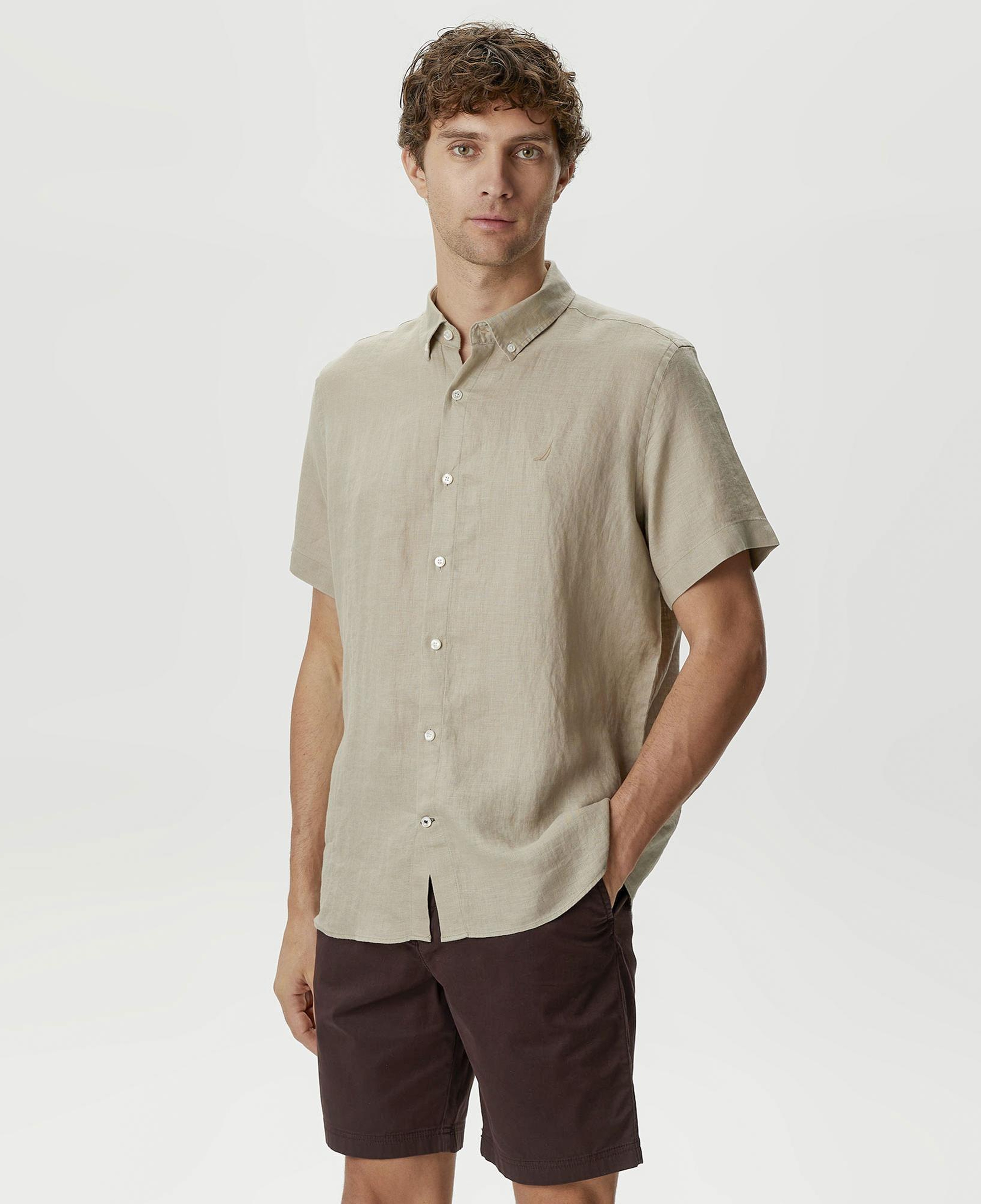 Nautica Erkek Bej Classic Fit Kısa Kollu Keten Gömlek