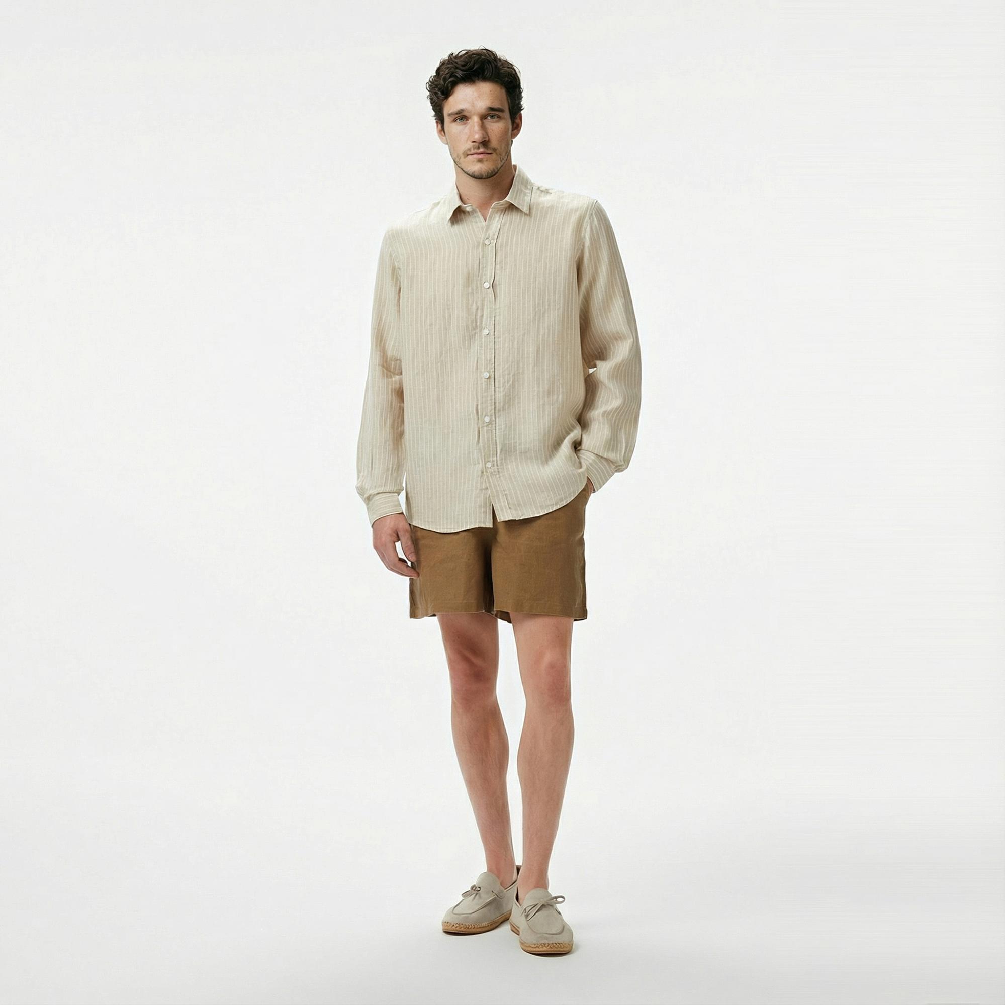 Nautica Erkek Bej Classic Fit Çizgili Keten Gömlek
