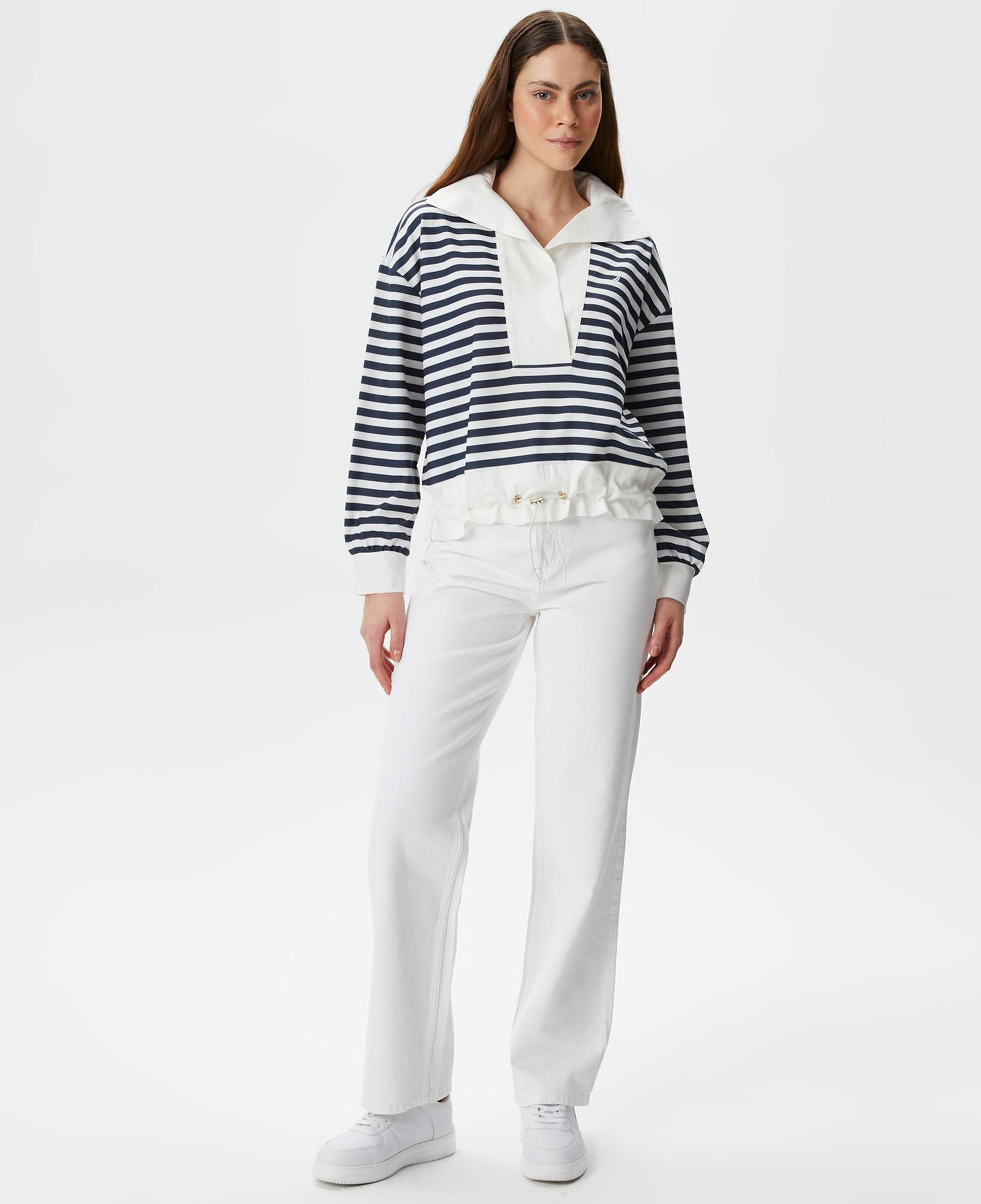 Nautica Kadın Lacivert Relaxed Fit Dik Yaka Çizgili Sweatshirt