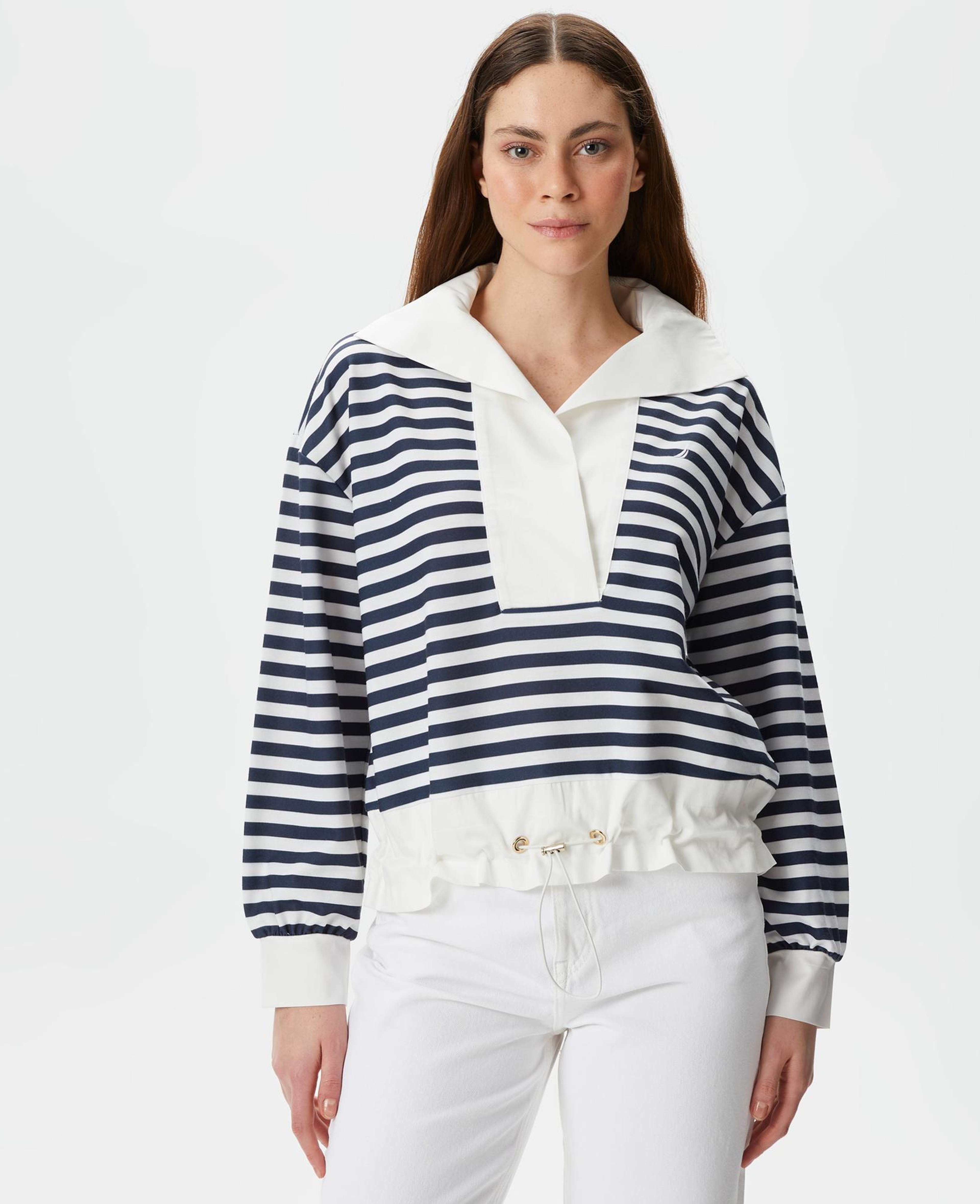 Nautica Kadın Lacivert Relaxed Fit Dik Yaka Çizgili Sweatshirt