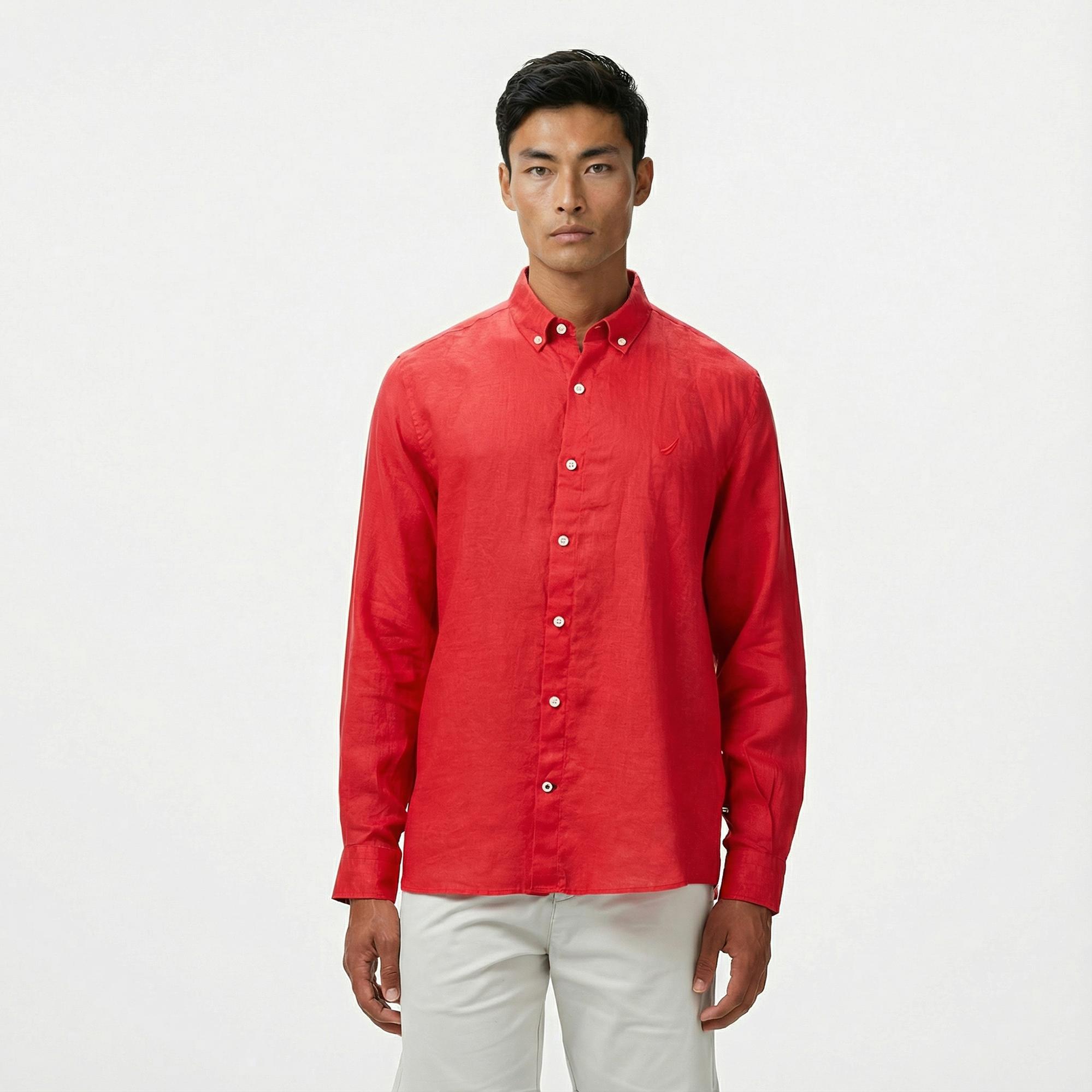 Nautica Erkek Kırmızı Classic Fit Keten Gömlek