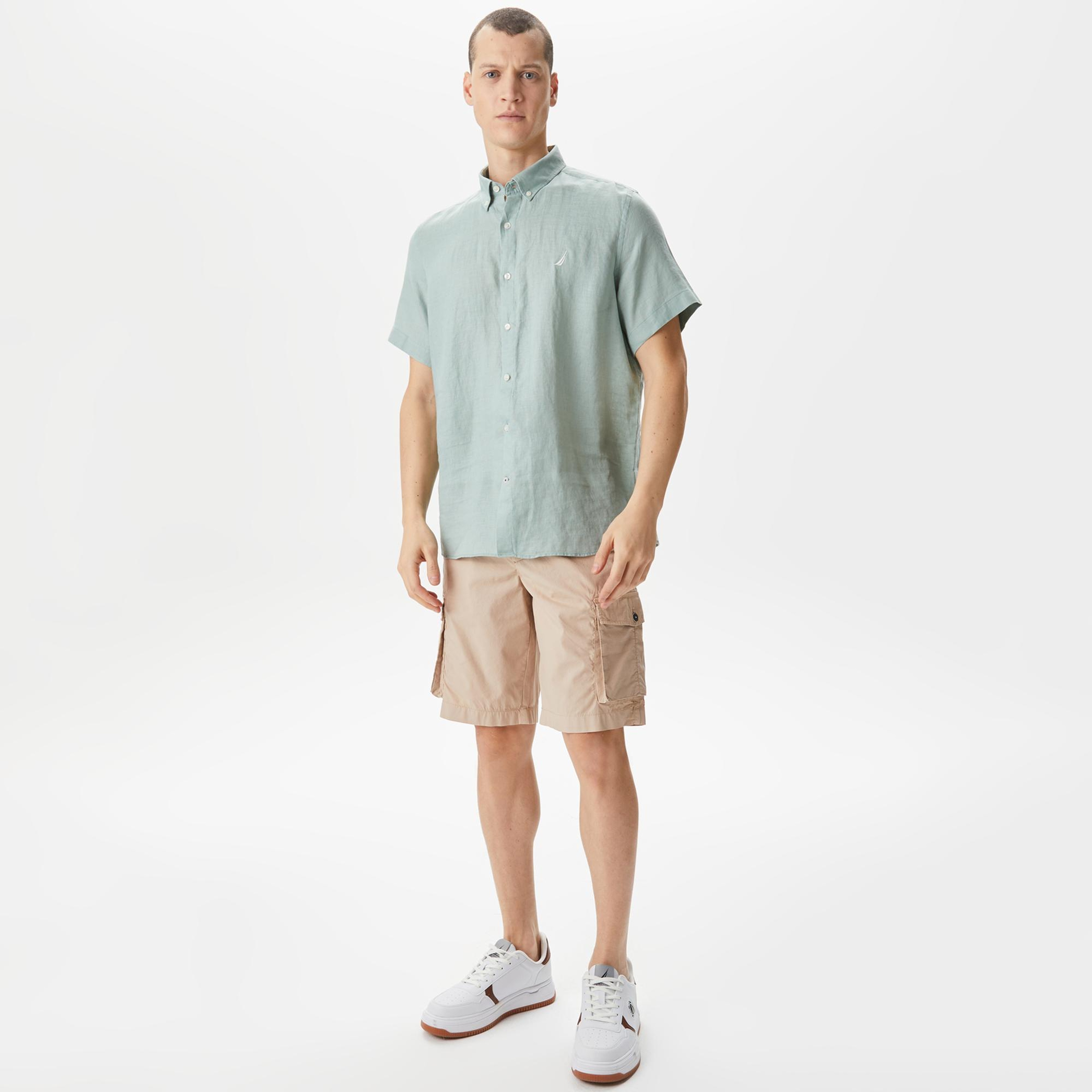 Nautica Erkek Yeşil Classic Fit Kısa Kollu Keten Gömlek