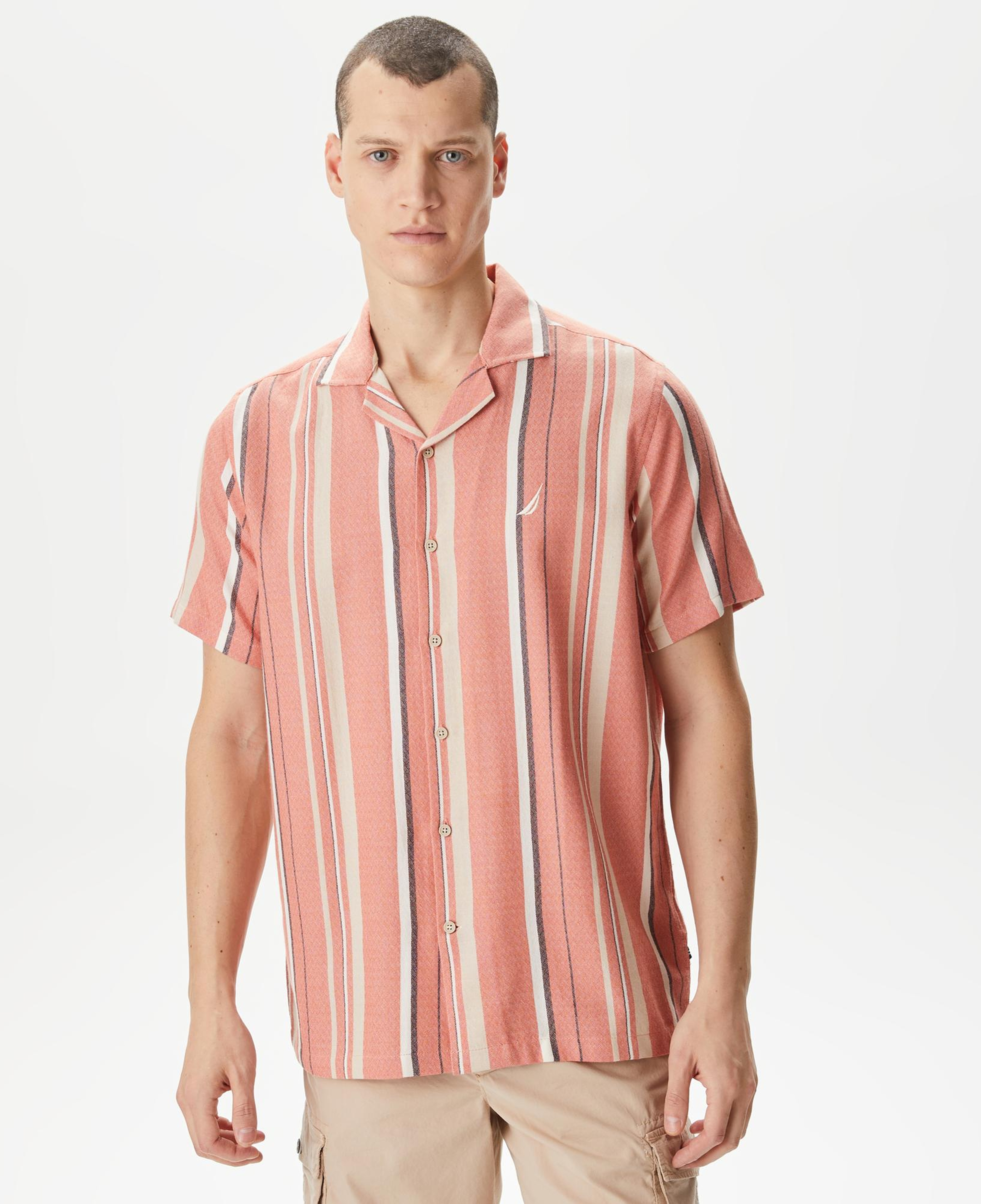 Nautica Erkek Turuncu Classic Fit Kısa Kollu Çizgili Gömlek