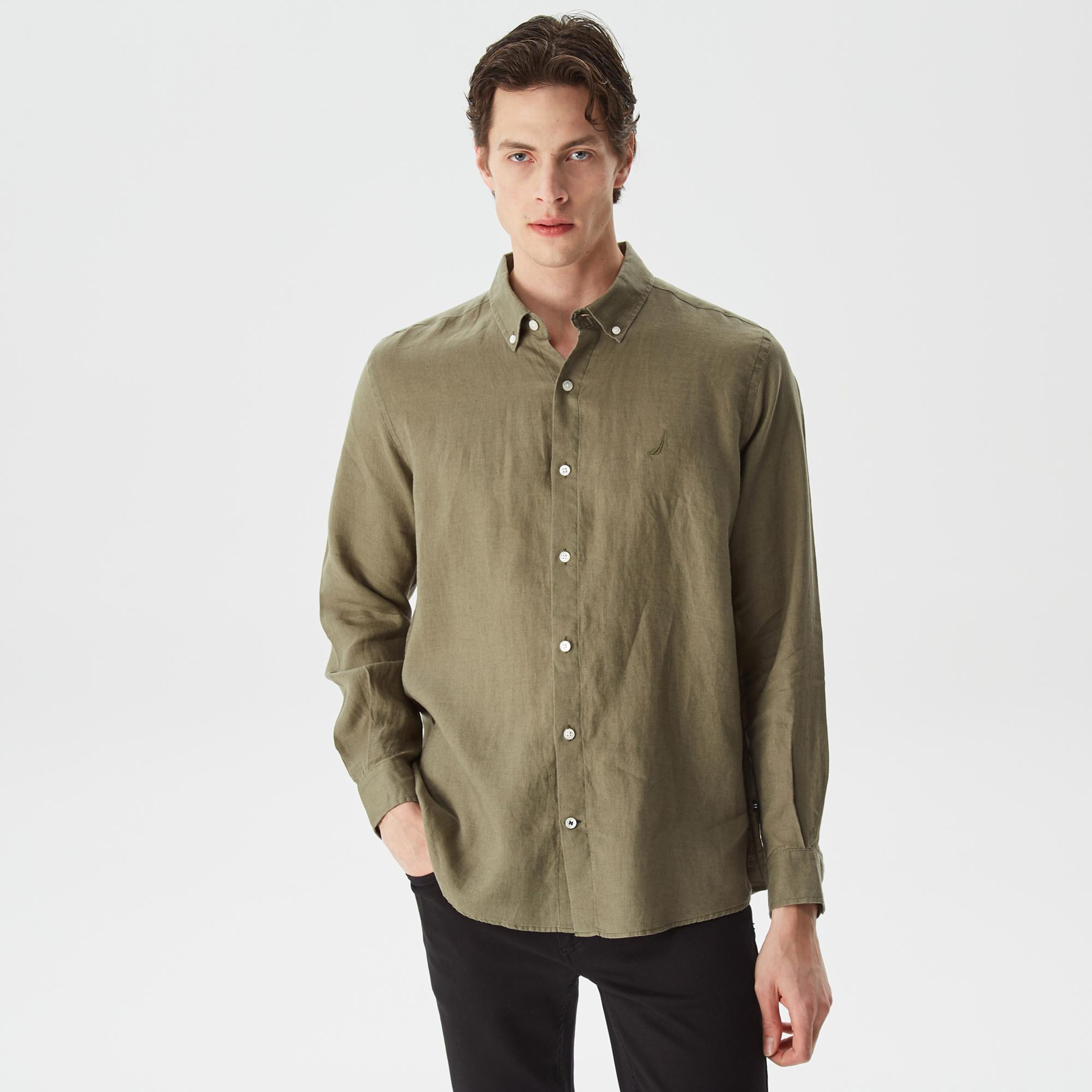 Nautica Erkek Yeşil Classic Fit Uzun Kollu Keten Gömlek