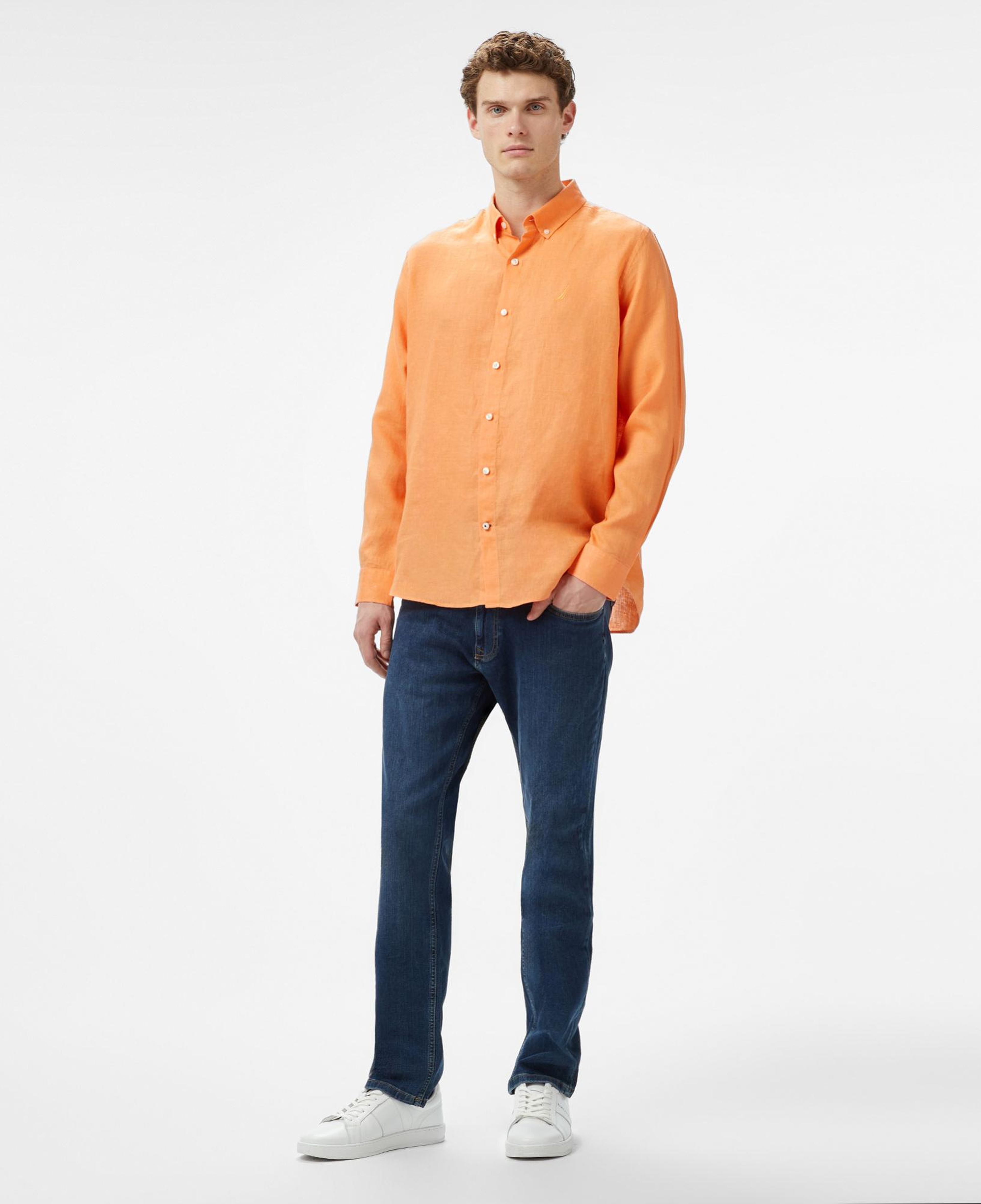Nautica Erkek Turuncu Classic Fit Uzun Kollu Keten Gömlek