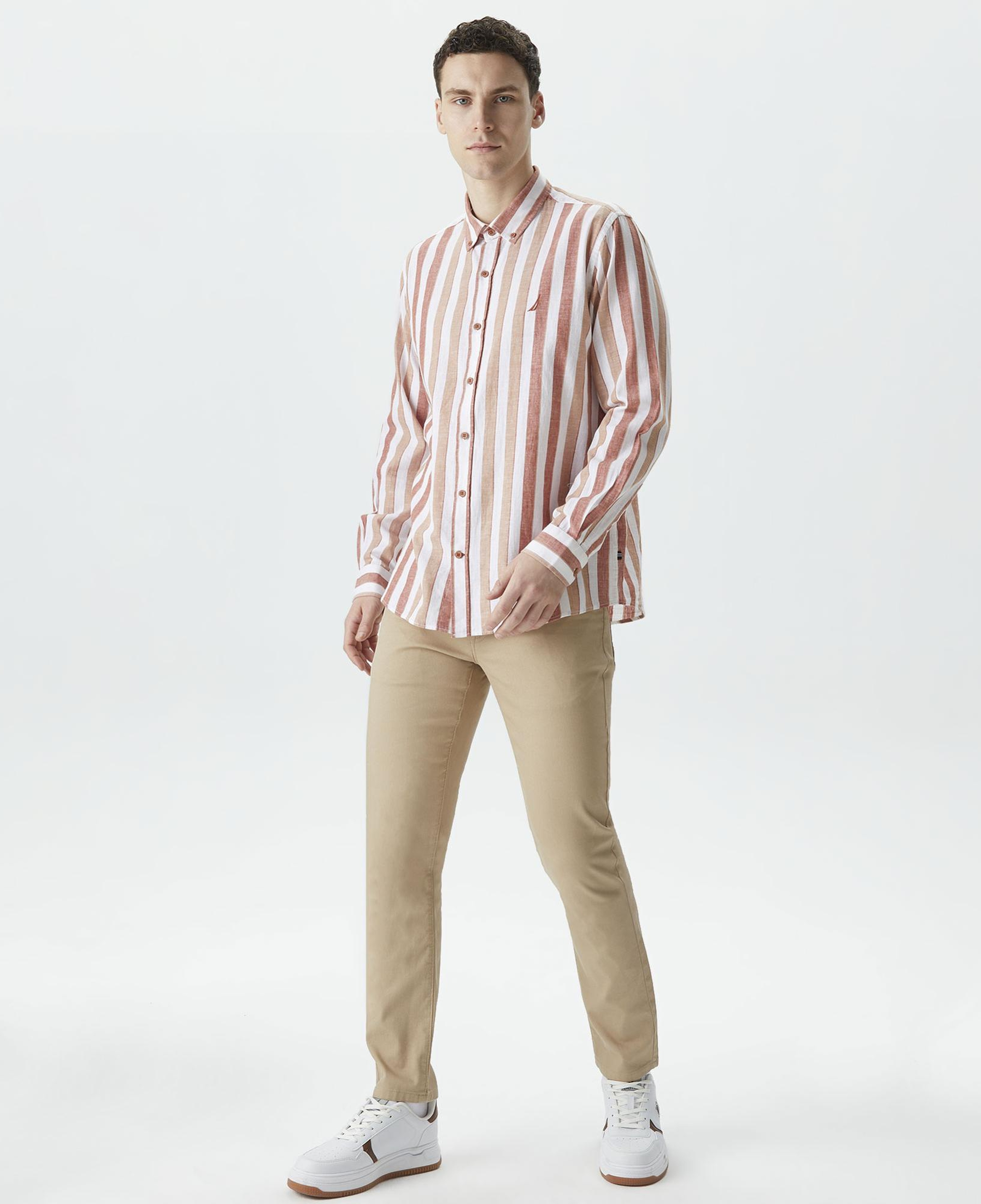 Nautica Erkek Turuncu Classic Fit Uzun Kollu Çizgili Keten Gömlek