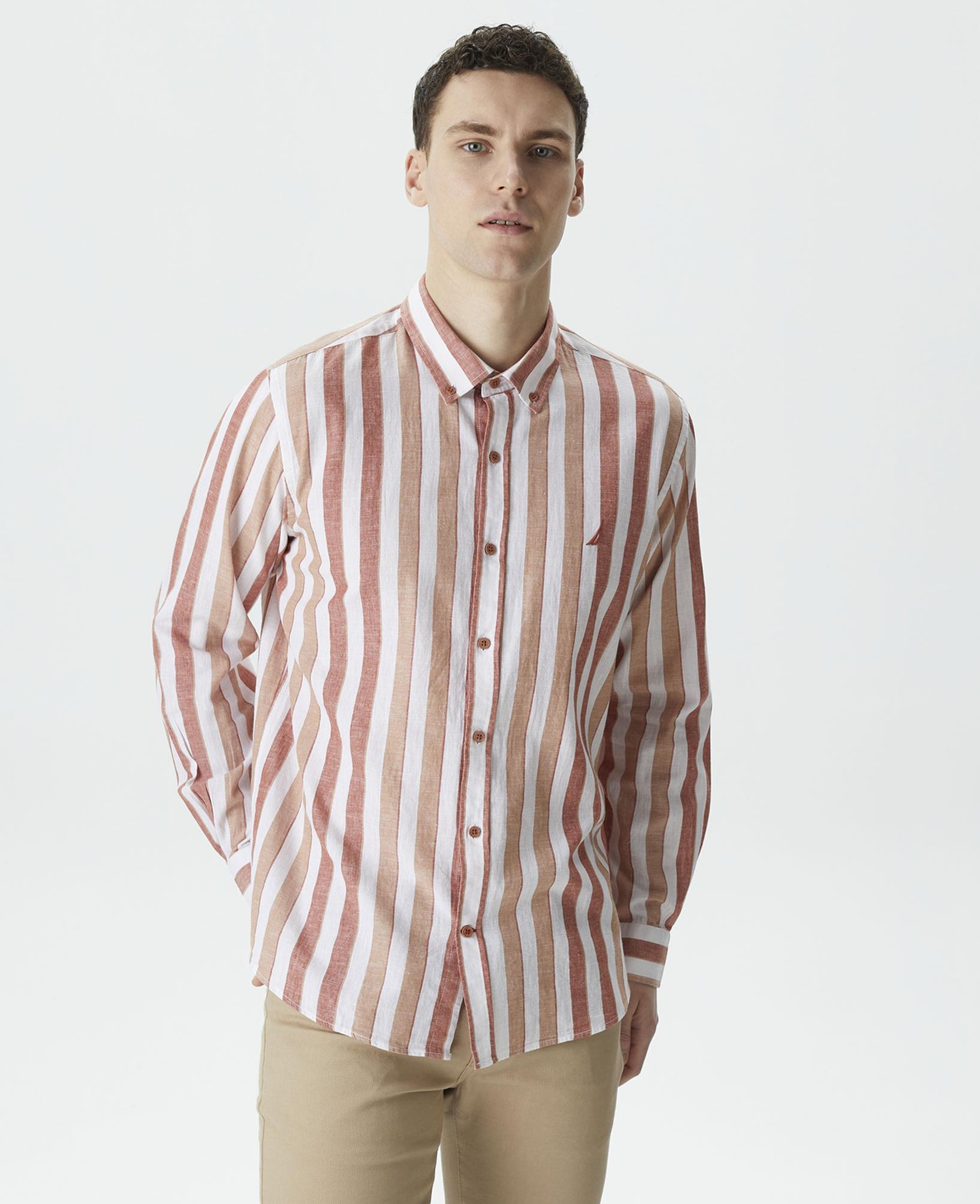 Nautica Erkek Turuncu Classic Fit Uzun Kollu Çizgili Keten Gömlek