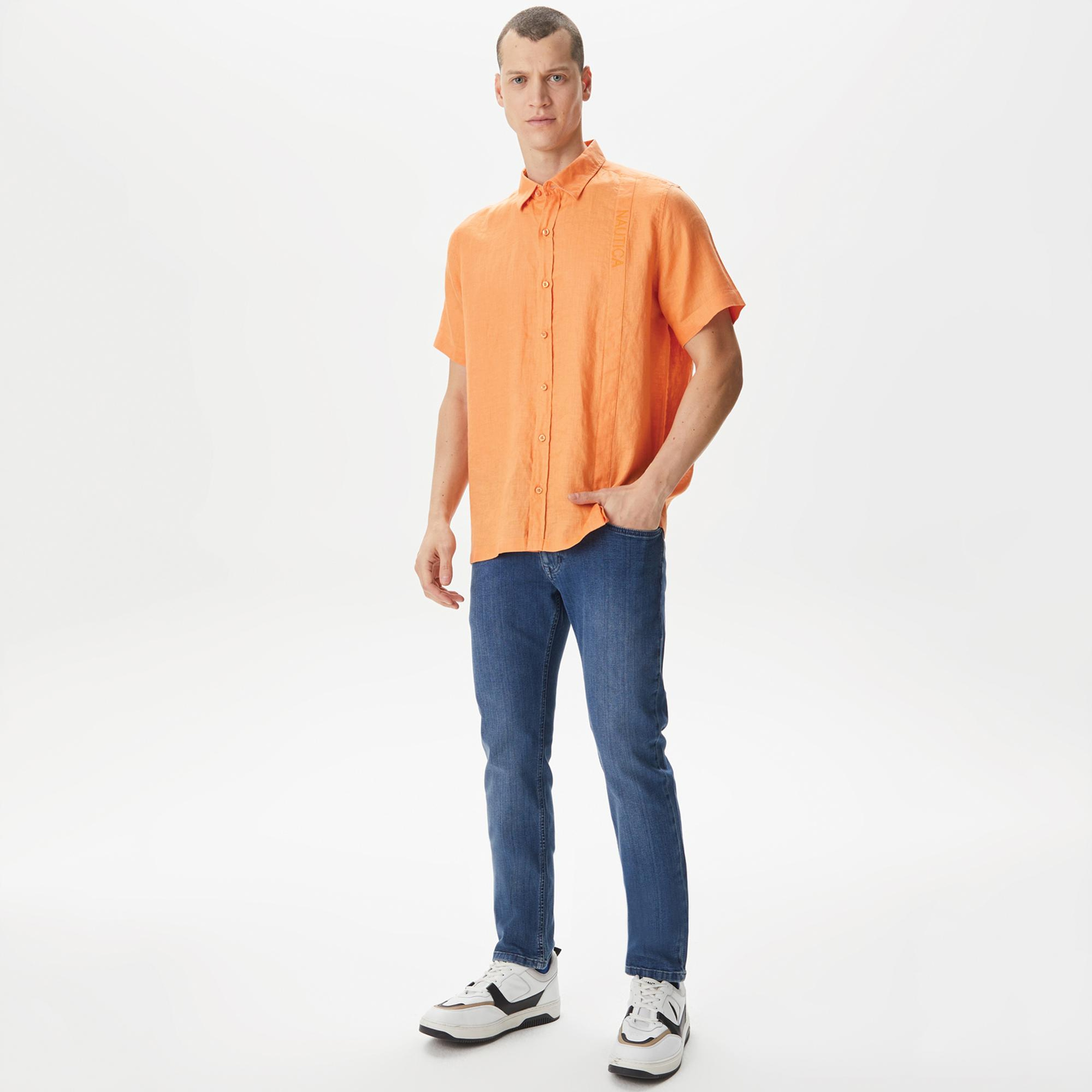 Nautica Erkek Turuncu Classic Fit Kısa Kollu Keten Gömlek