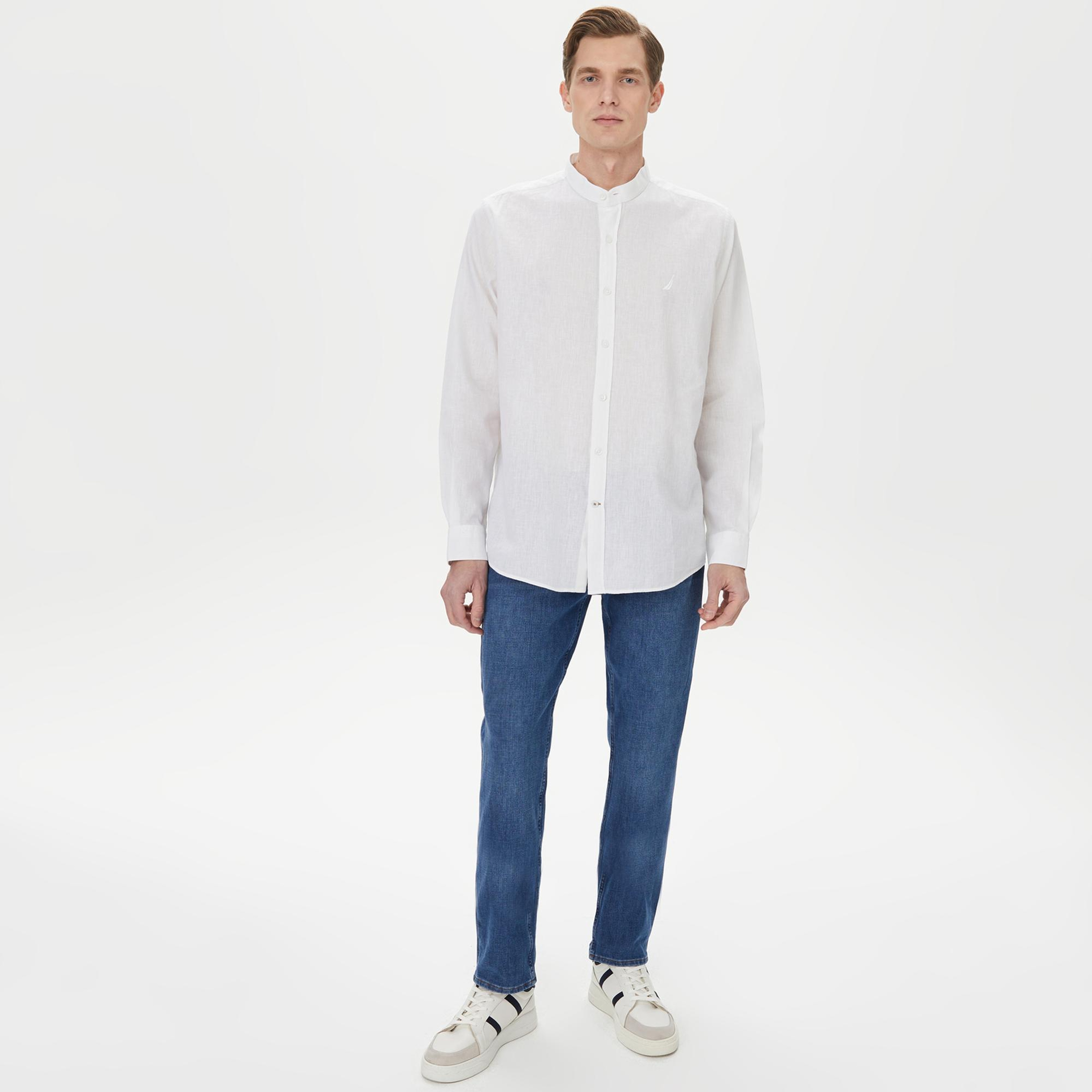 Nautica Erkek Beyaz Classic Fit Keten Gömlek