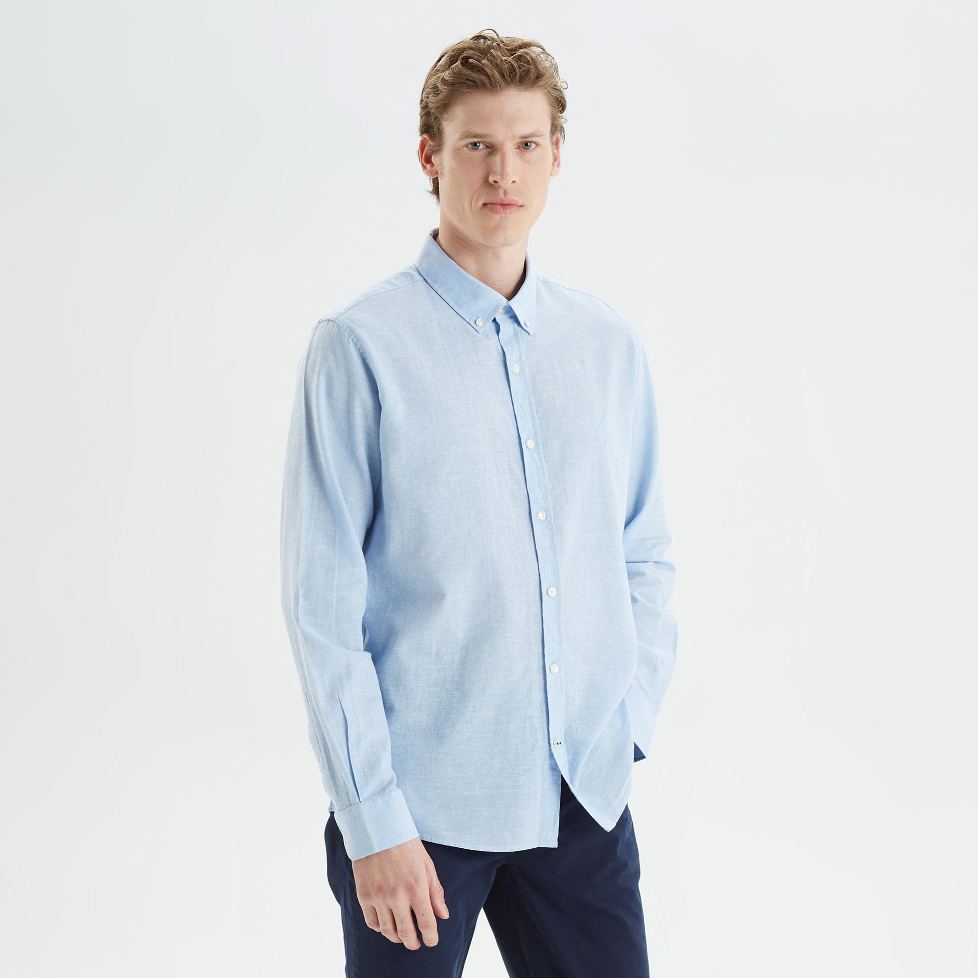 Nautica Erkek Mavi Slim Fit Uzun Kollu Keten Gömlek