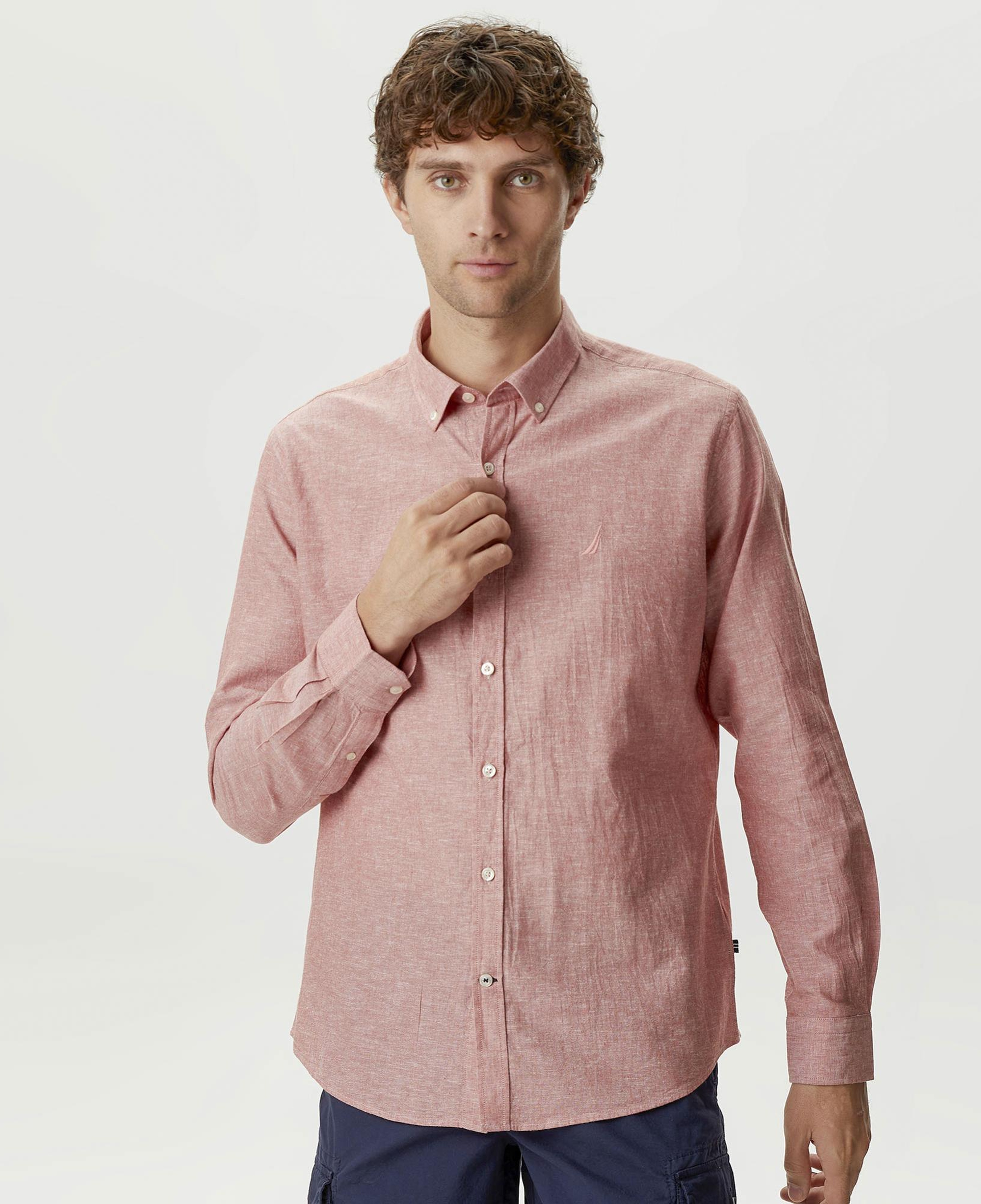Nautica Erkek Bordo Slim Fit Uzun Kollu Keten Gömlek