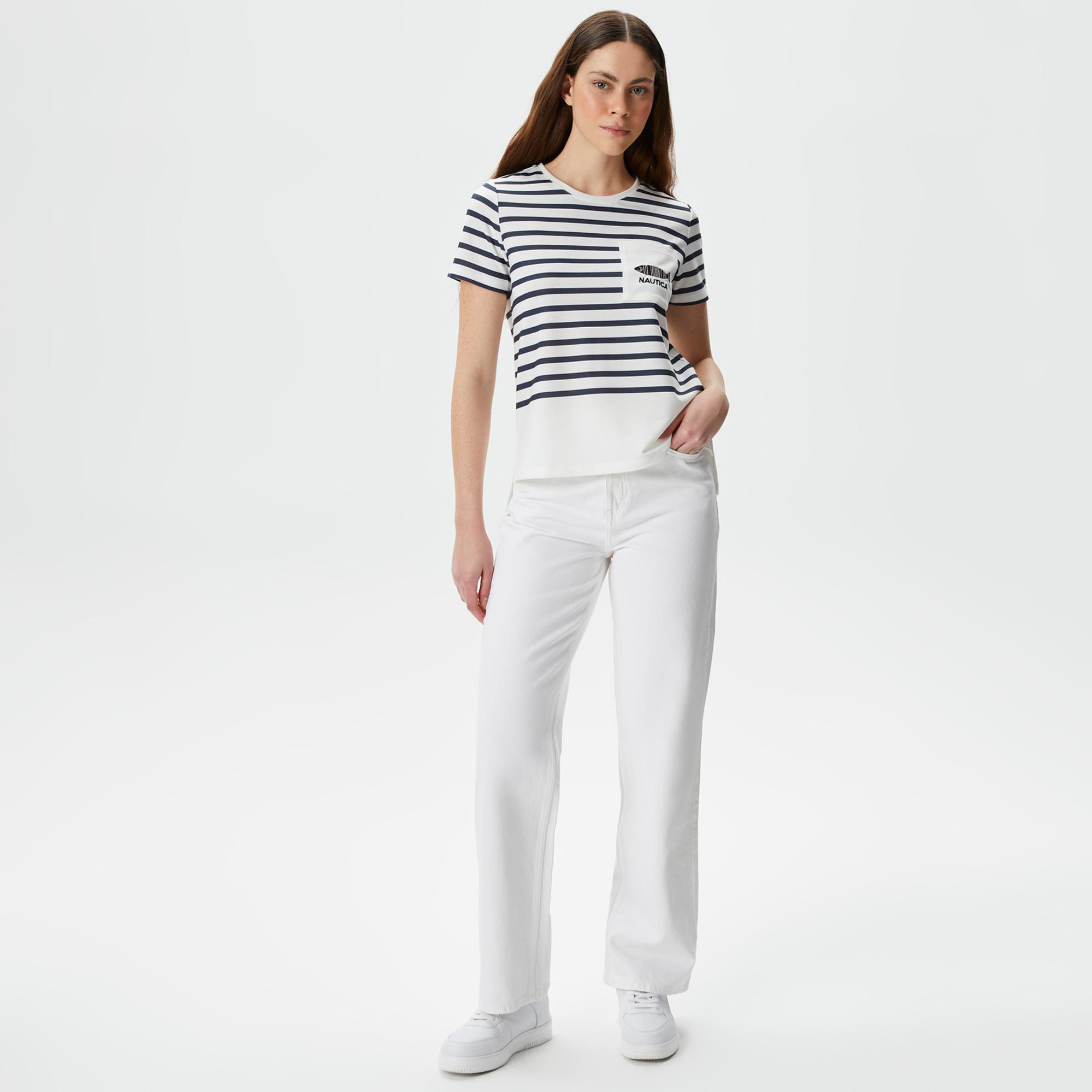 Nautica Kadın Beyaz Regular Fit Çizgili T-Shirt