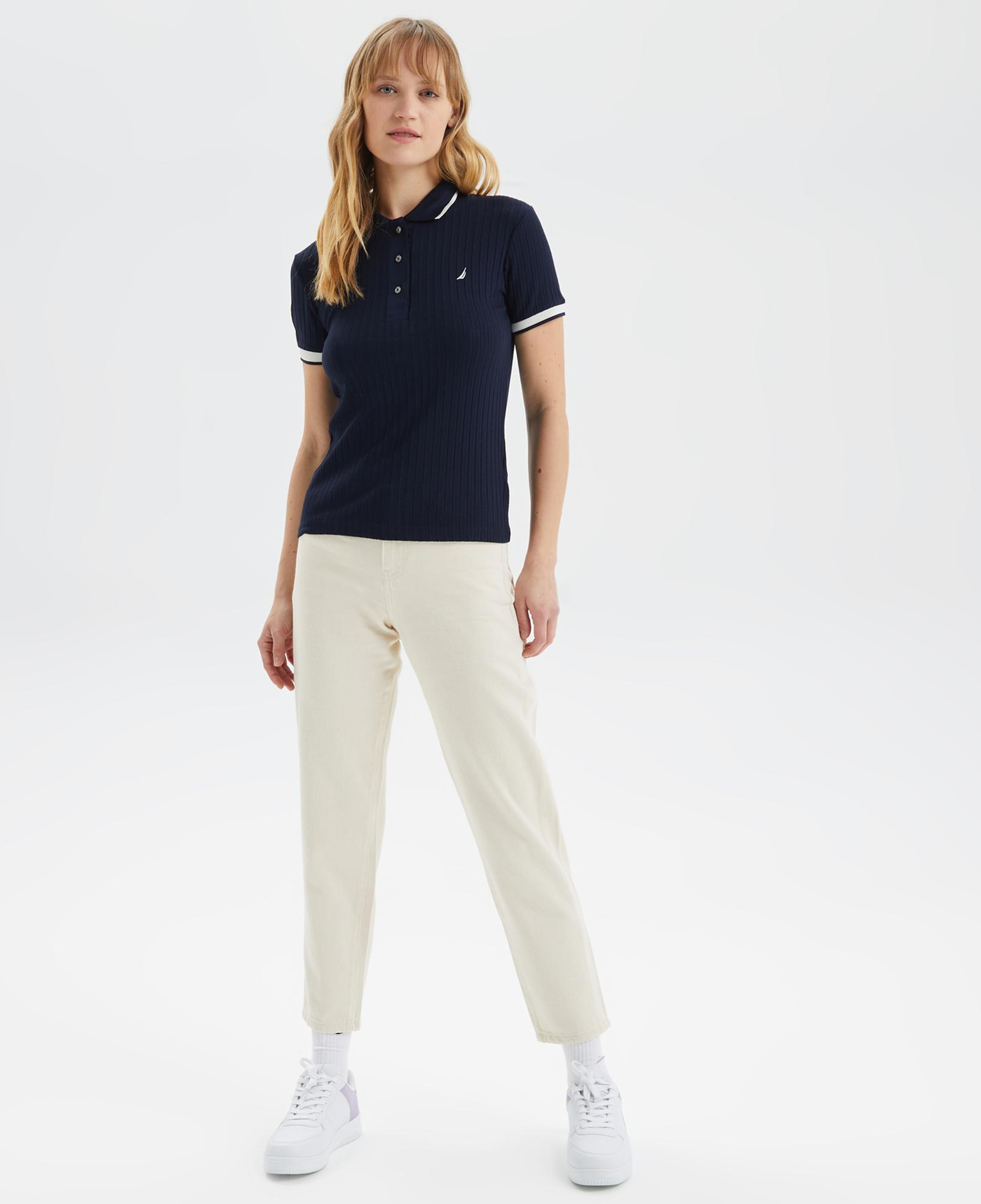 Nautica Kadın Lacivert Regular Fit Çizgili Polo