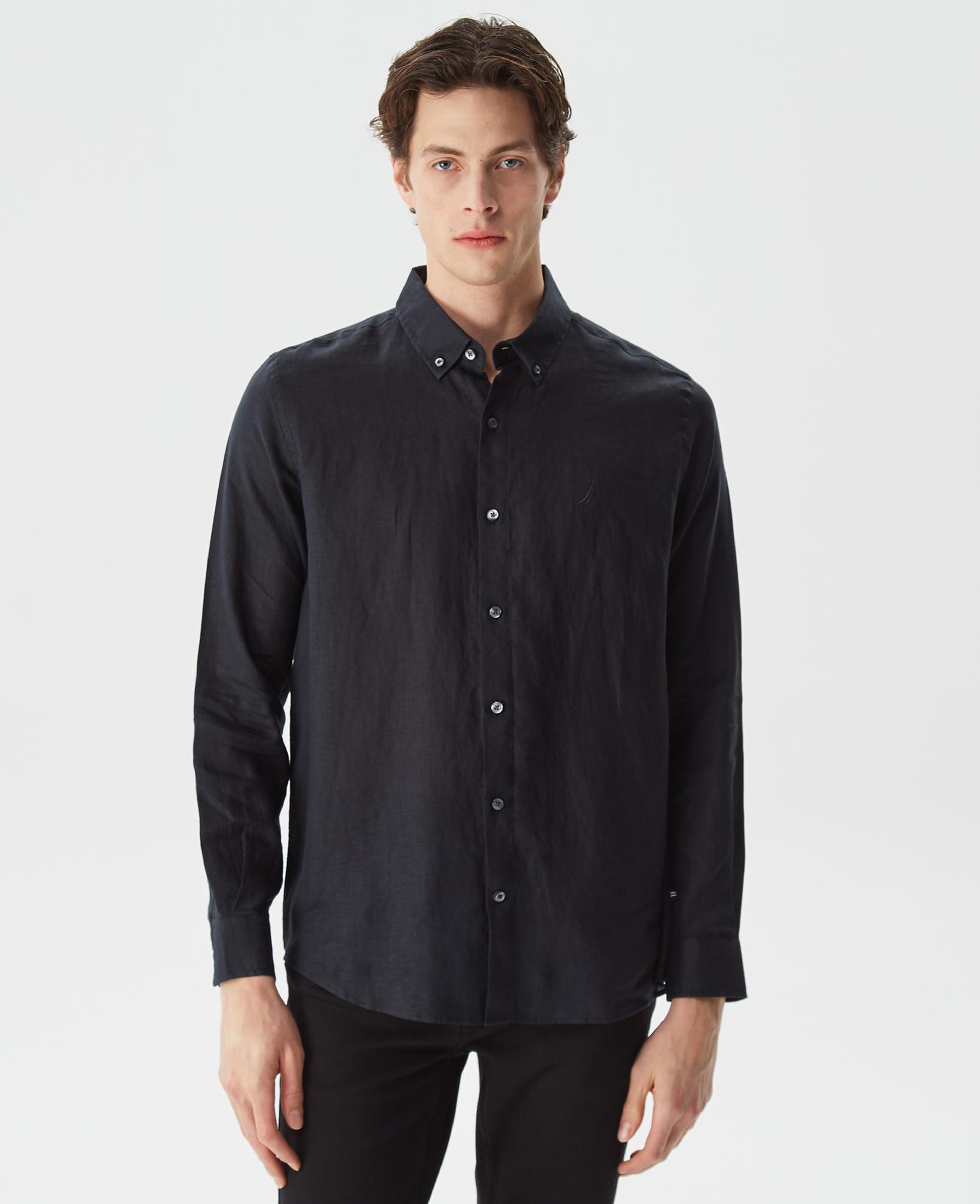 Nautica Erkek Siyah Classic Fit Uzun Kollu Keten Gömlek