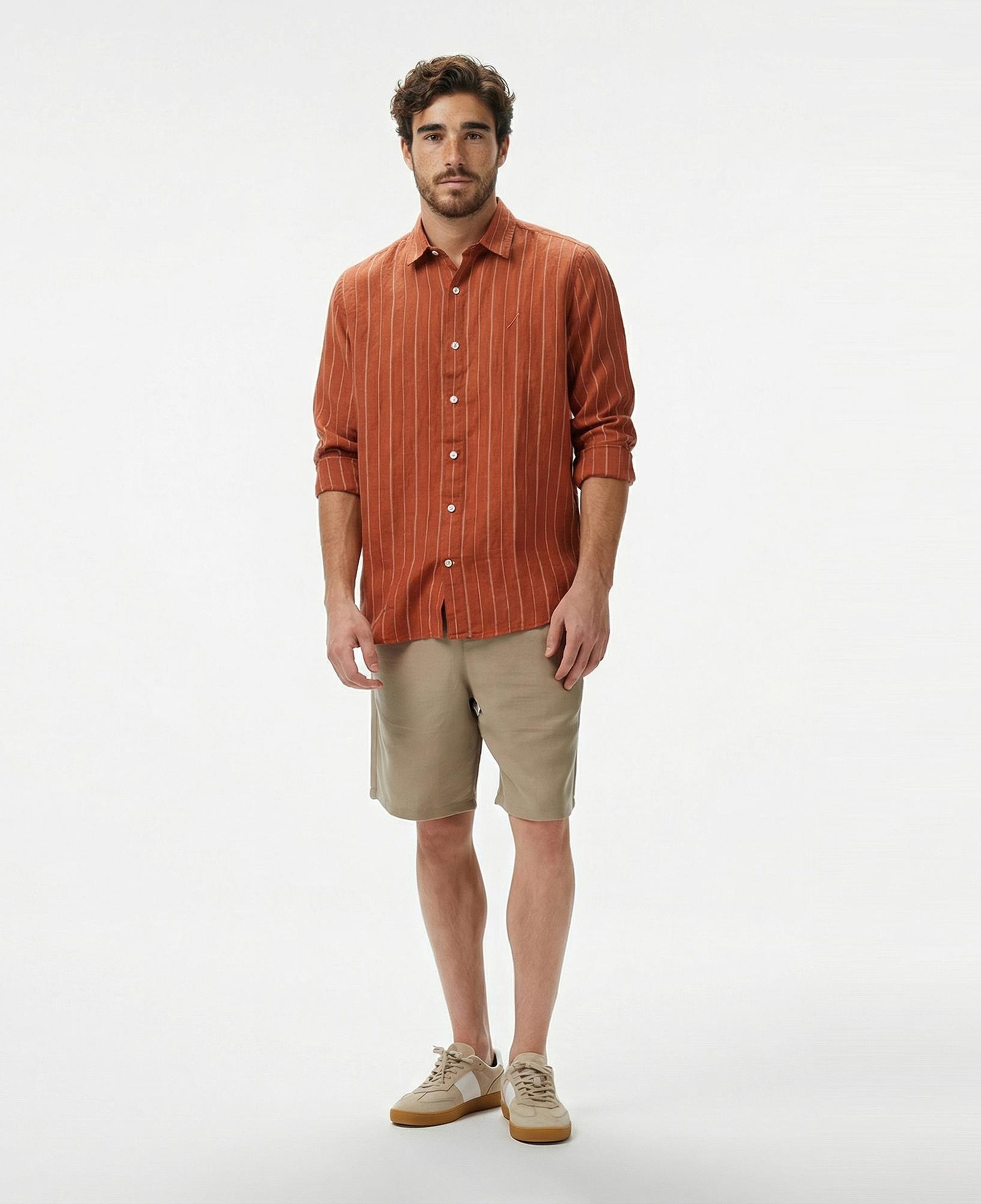 Nautica Erkek Kırmızı Classic Fit Çizgili Keten Gömlek