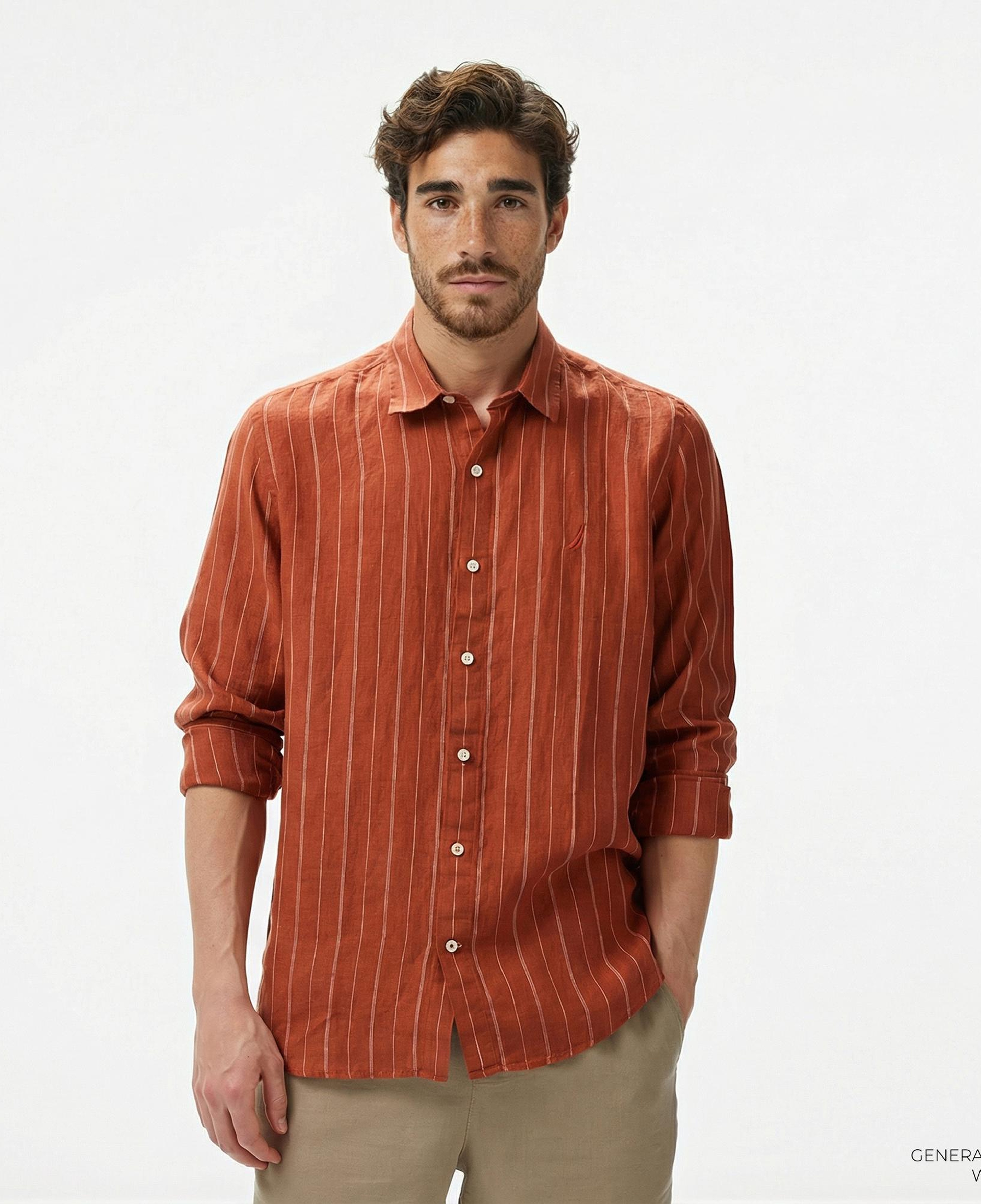 Nautica Erkek Kırmızı Classic Fit Çizgili Keten Gömlek