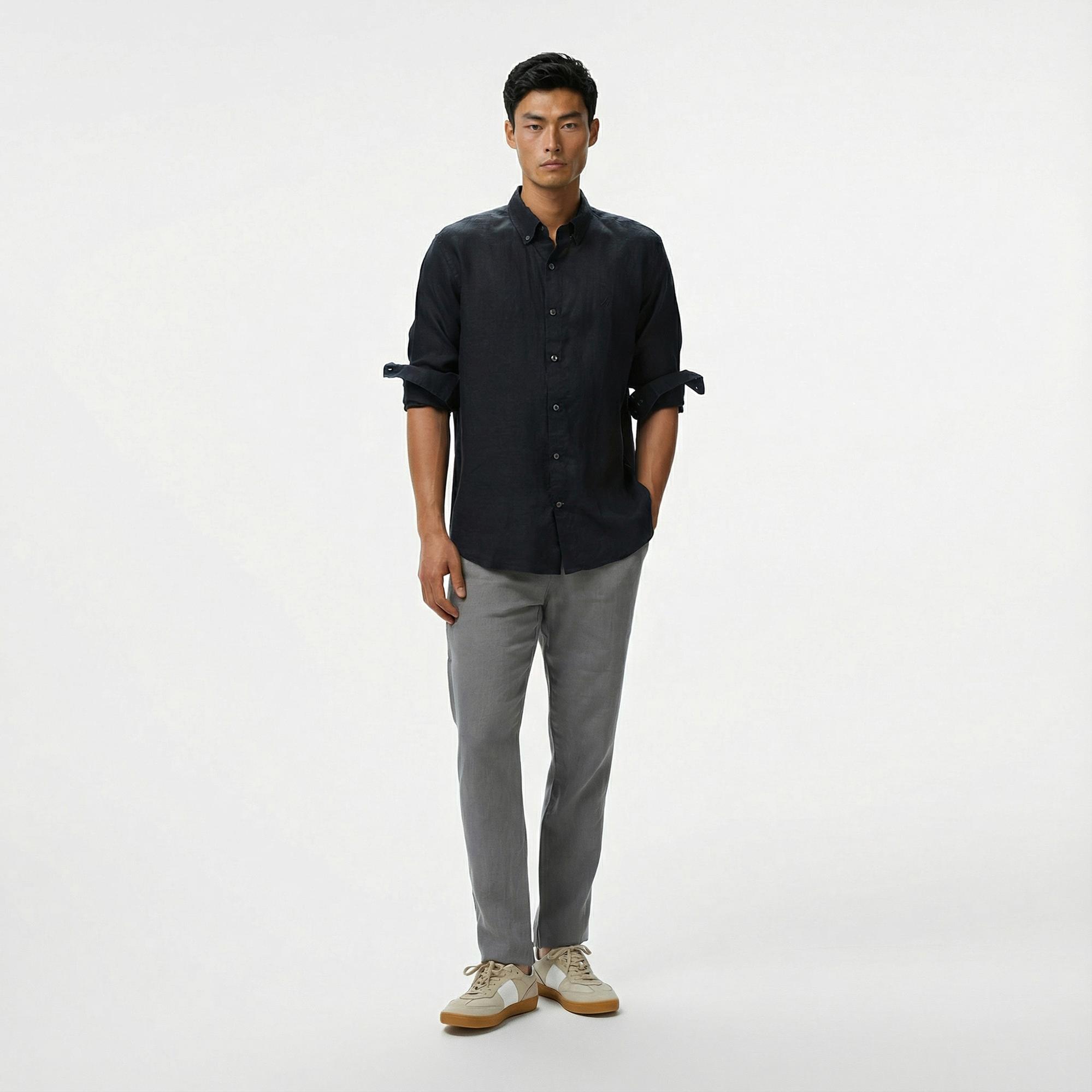 Nautica Erkek Siyah Classic Fit Keten Gömlek