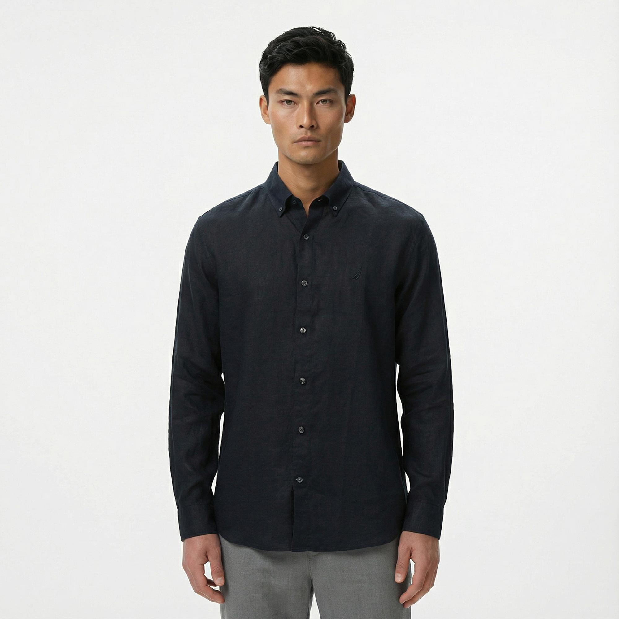 Nautica Erkek Siyah Classic Fit Keten Gömlek