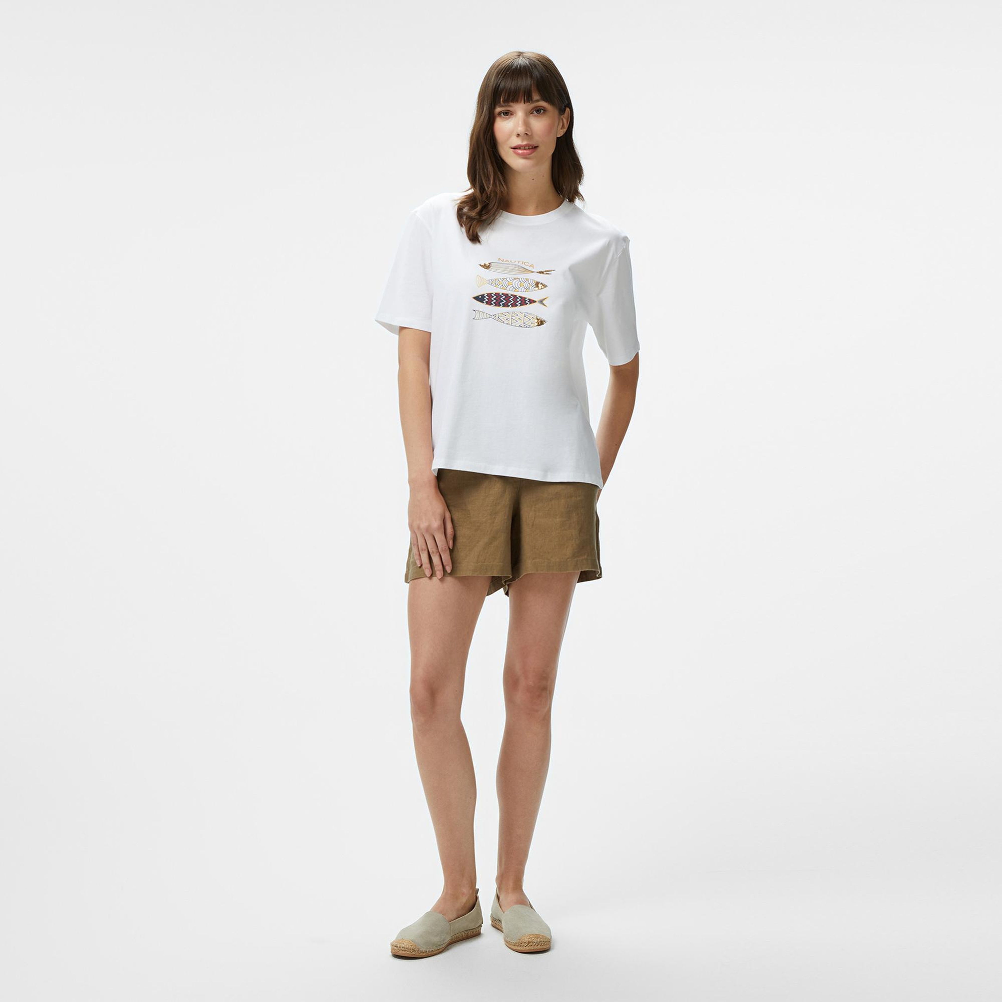 Nautica Kadın Beyaz Regular Fit Nakışlı T-Shirt