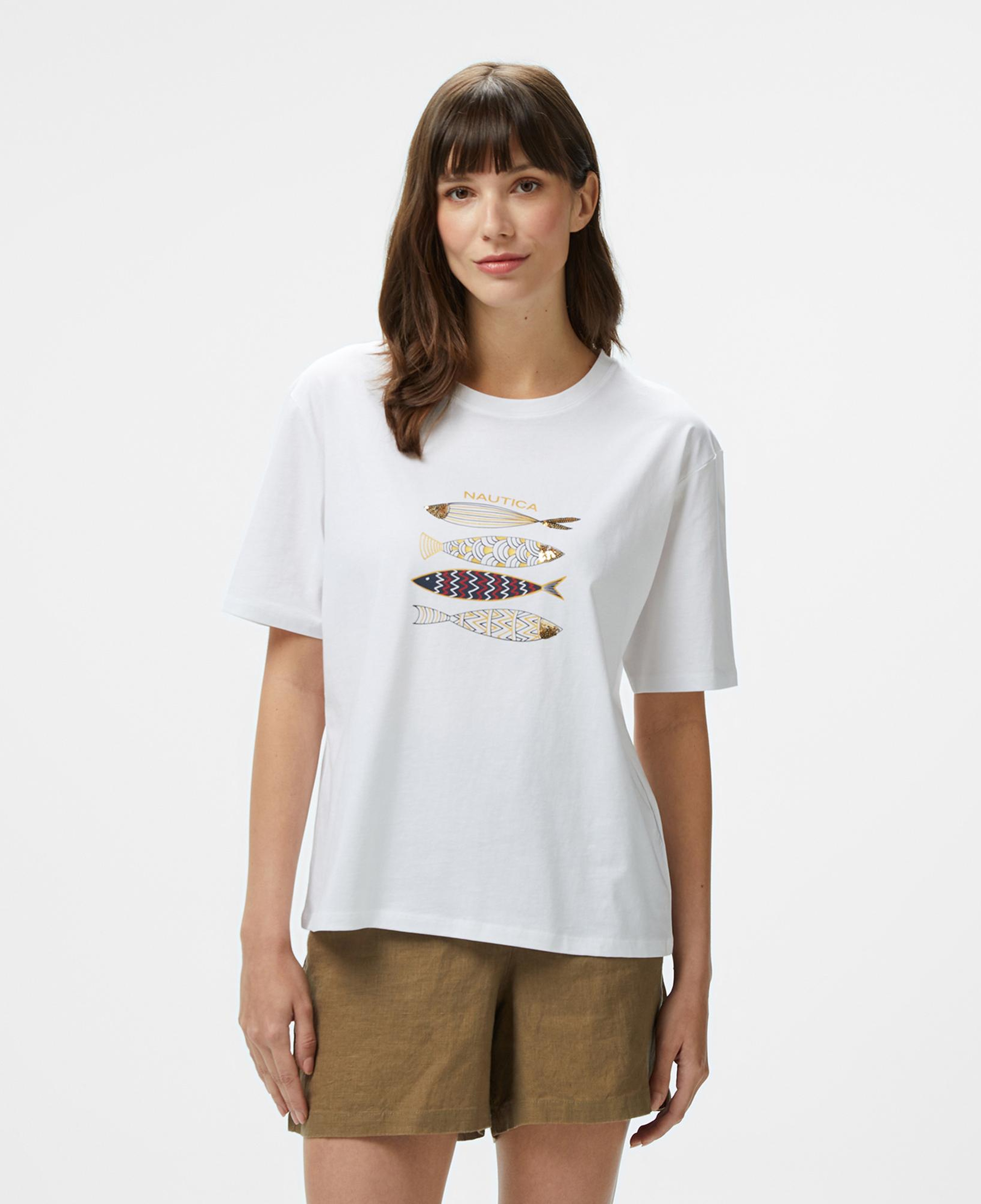 Nautica Kadın Beyaz Regular Fit Nakışlı T-Shirt