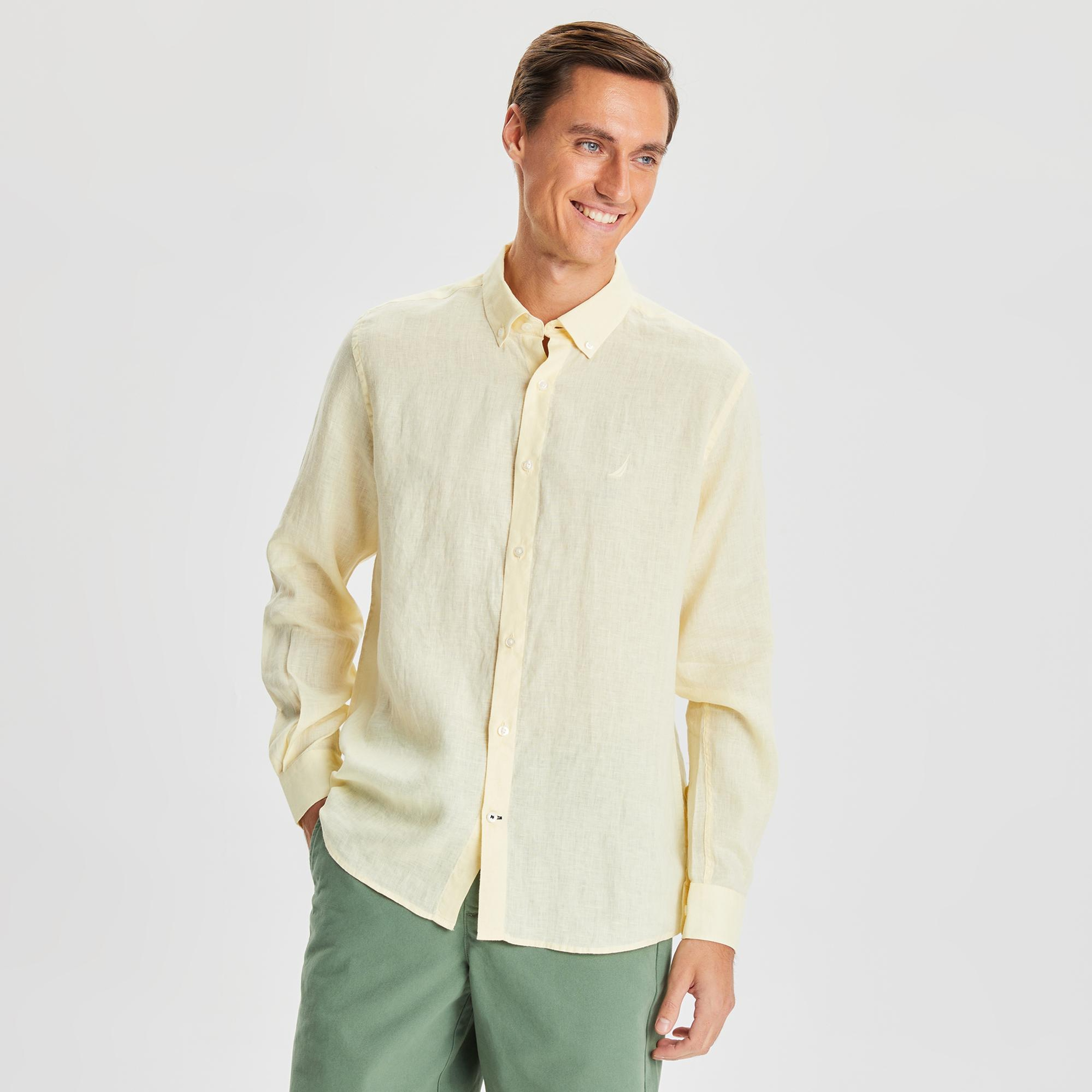 Nautica Erkek Sarı Classic Fit Uzun Kollu Keten Gömlek