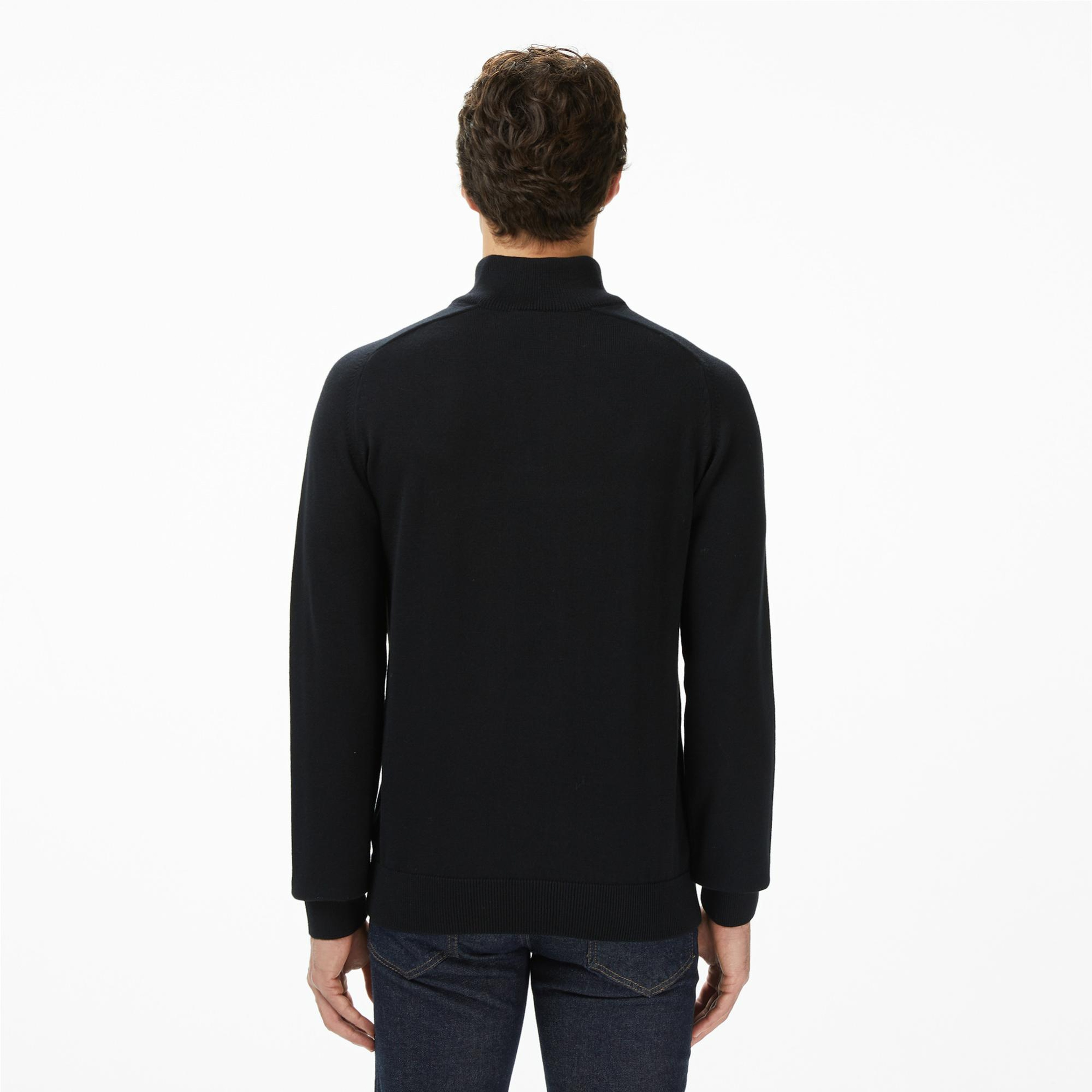 Lacoste Erkek Classic Fit Yarım Fermuarlı Çizgili Siyah Kazak