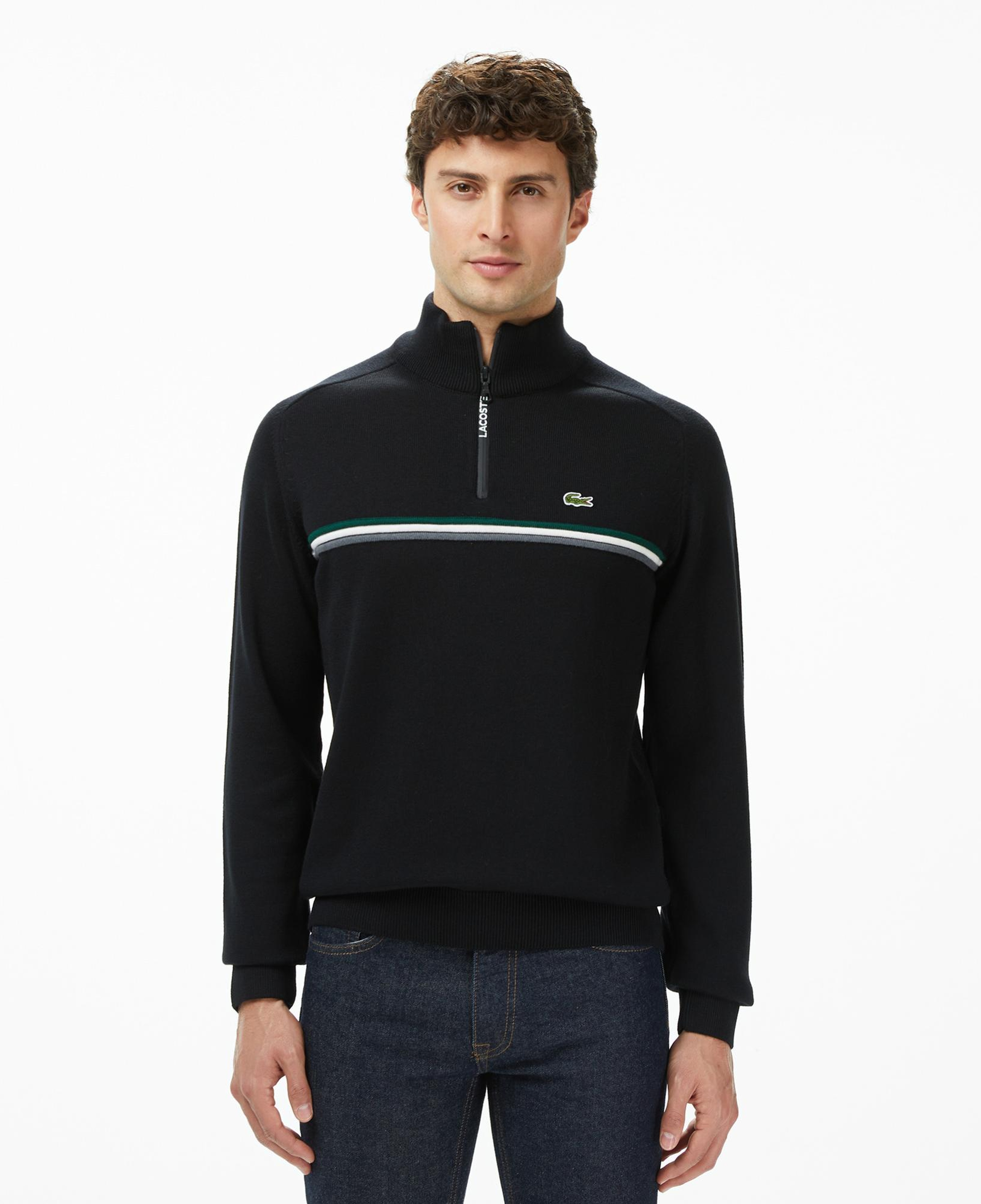 Lacoste Erkek Classic Fit Yarım Fermuarlı Çizgili Siyah Kazak