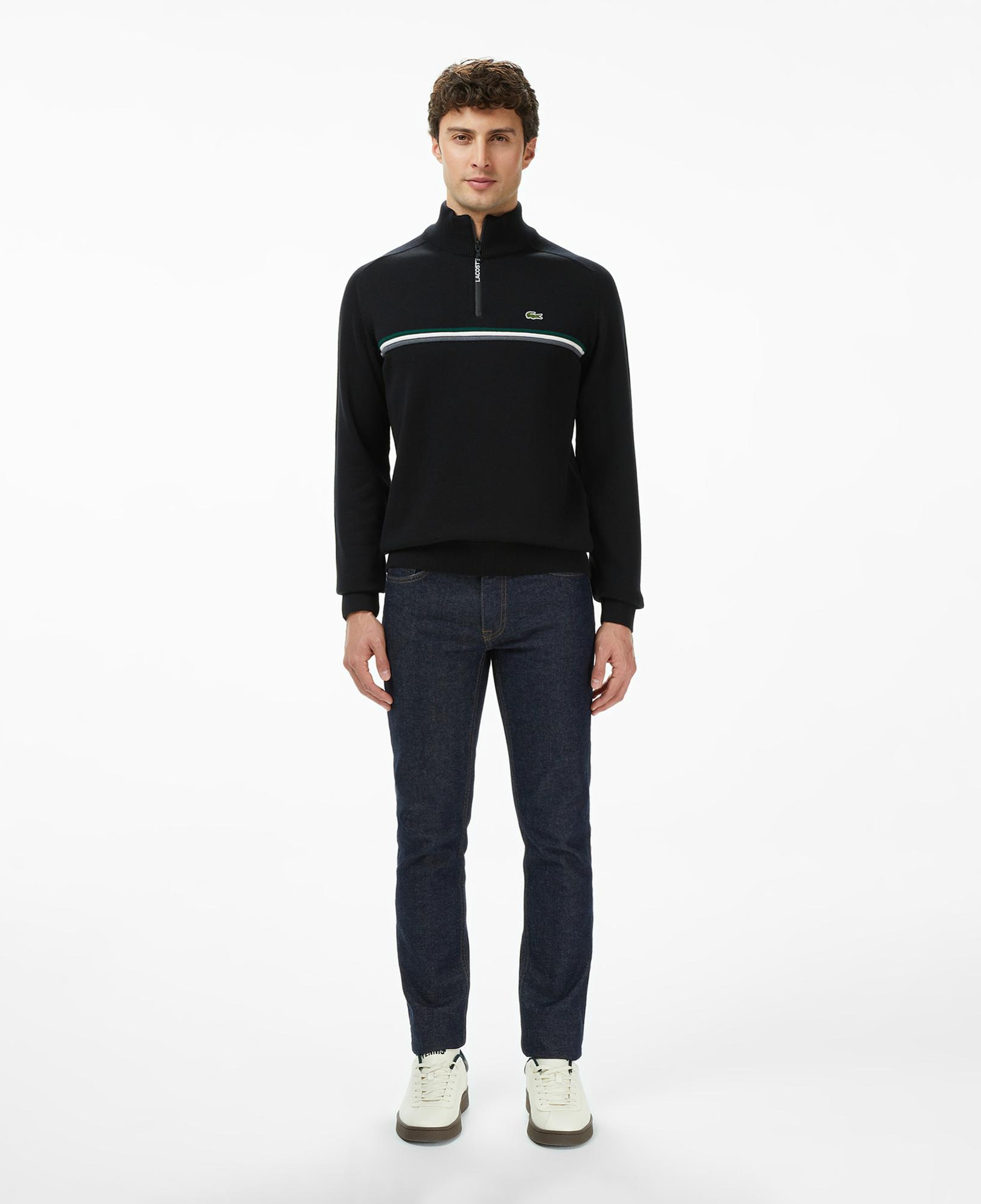 Lacoste Erkek Classic Fit Yarım Fermuarlı Çizgili Siyah Kazak