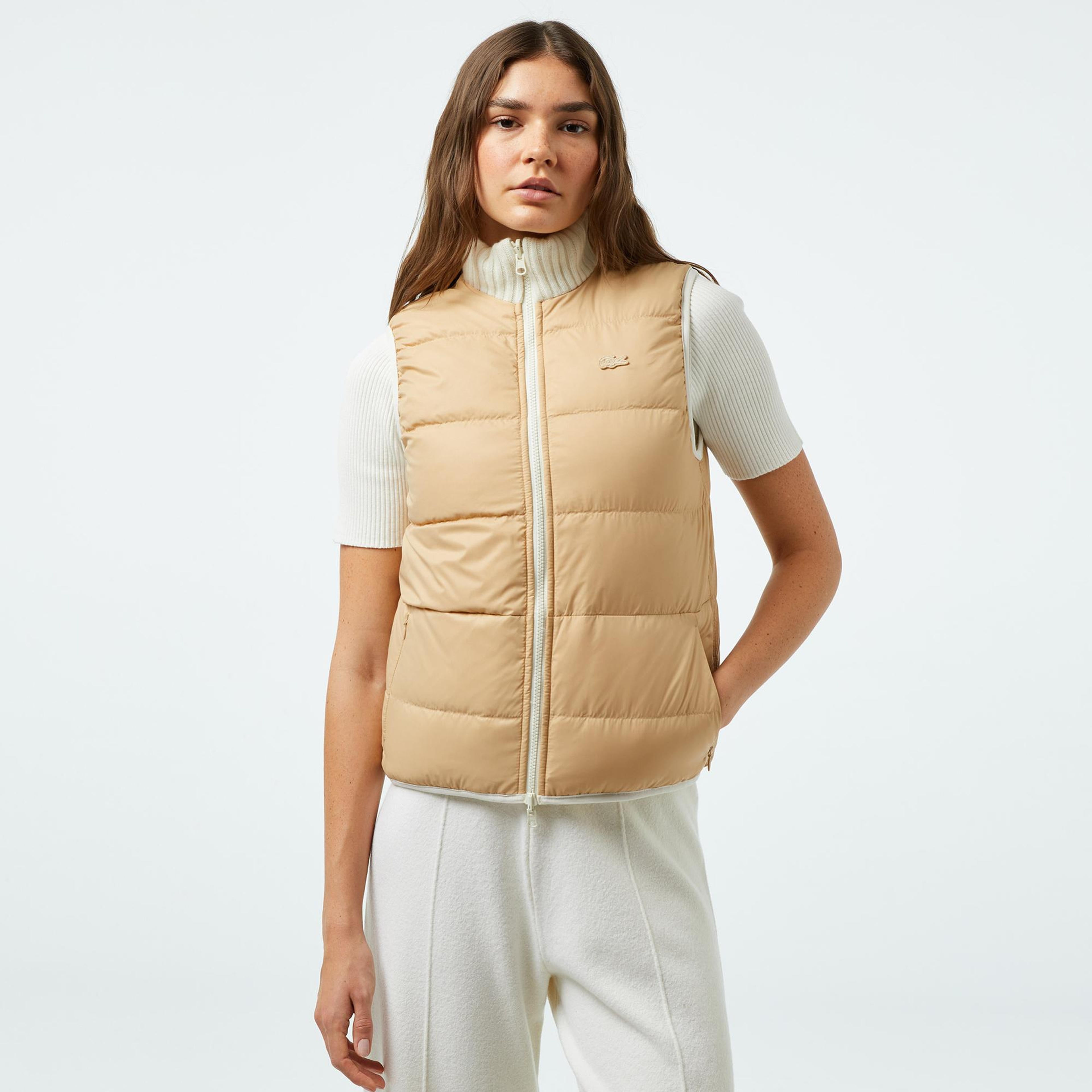 Lacoste Kadın Kapitone Regular Fit Dik Yaka Çift Taraflı Beyaz Yelek