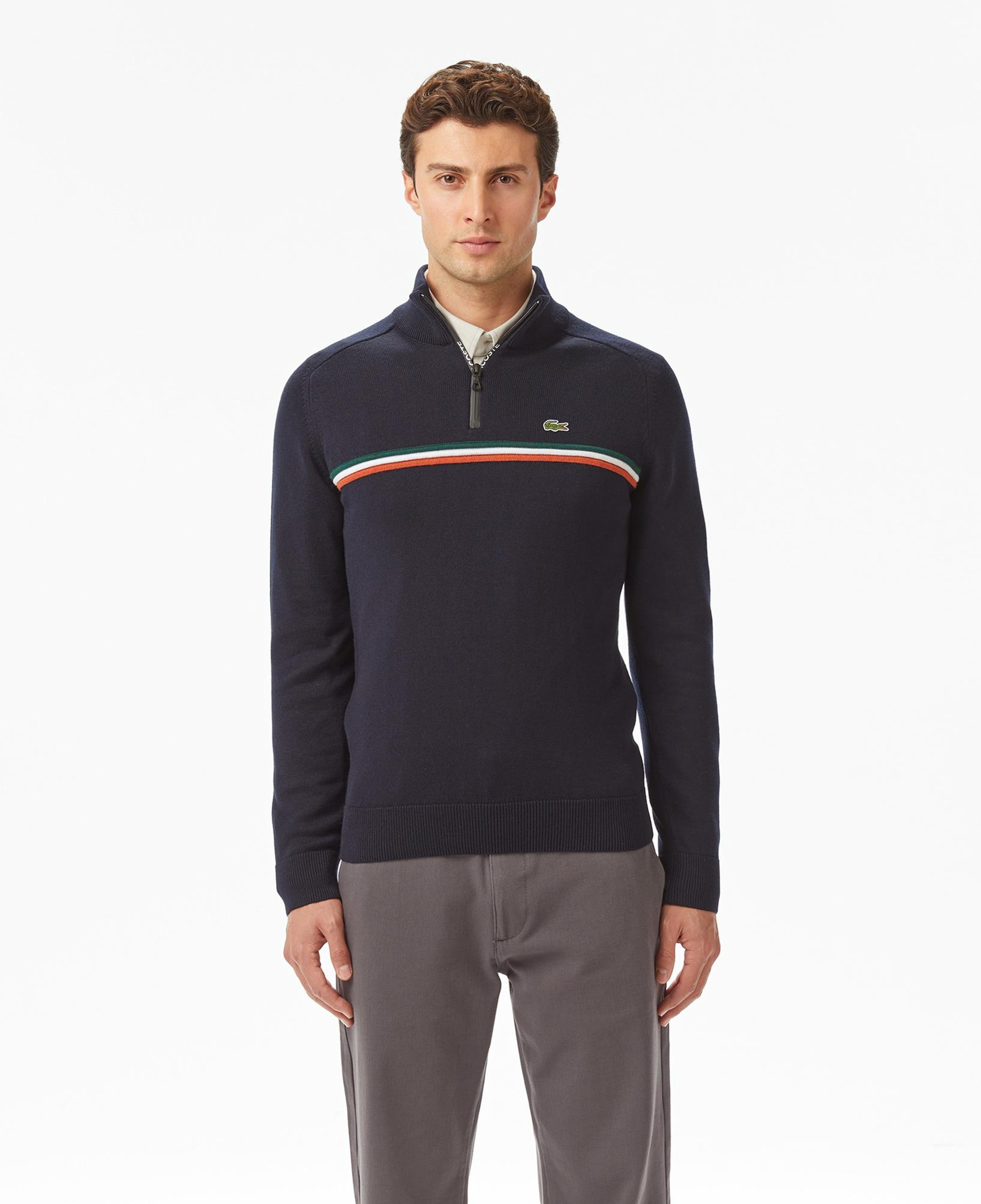 Lacoste Erkek Classic Fit Yarım Fermuarlı Çizgili Lacivert Kazak