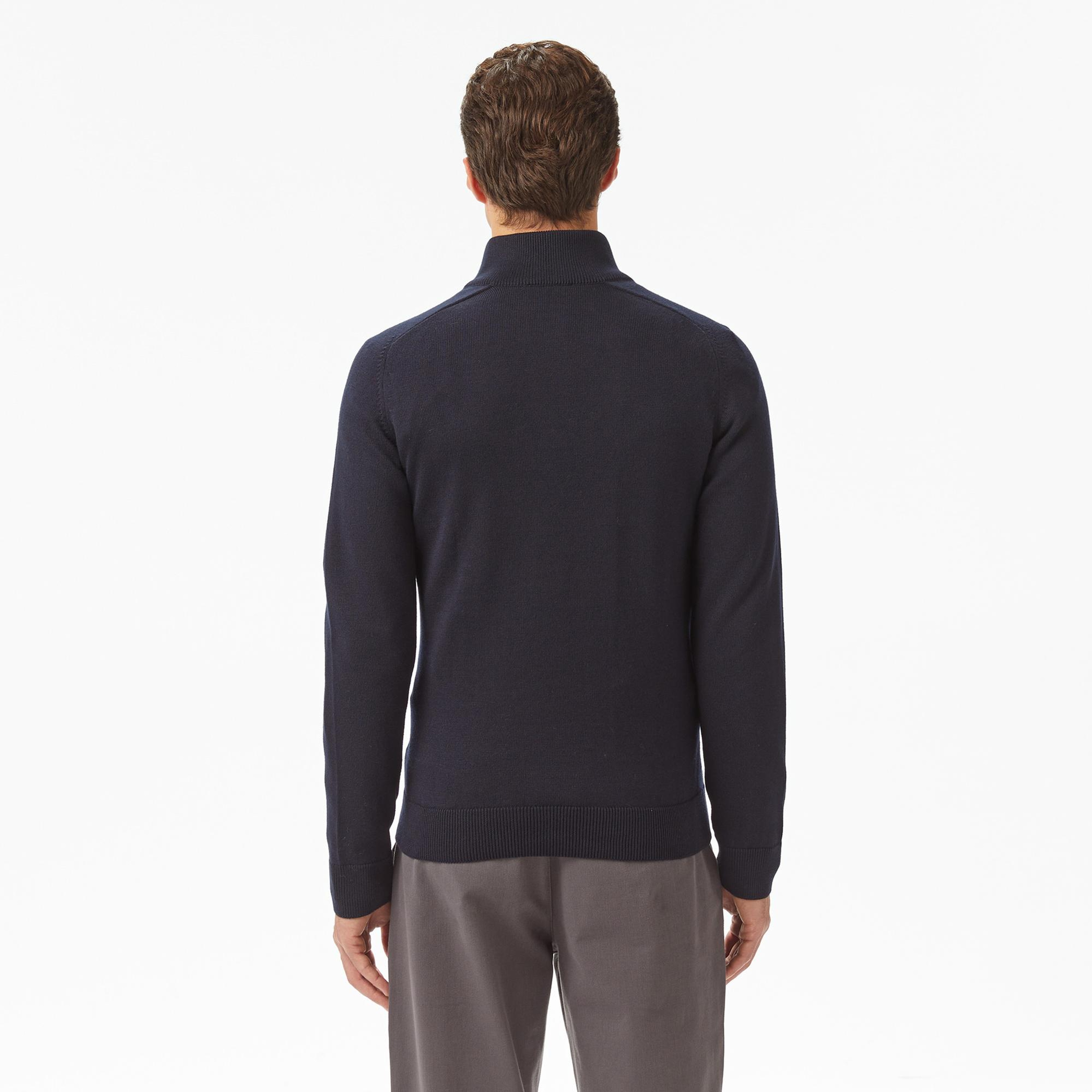 Lacoste Erkek Classic Fit Yarım Fermuarlı Çizgili Lacivert Kazak