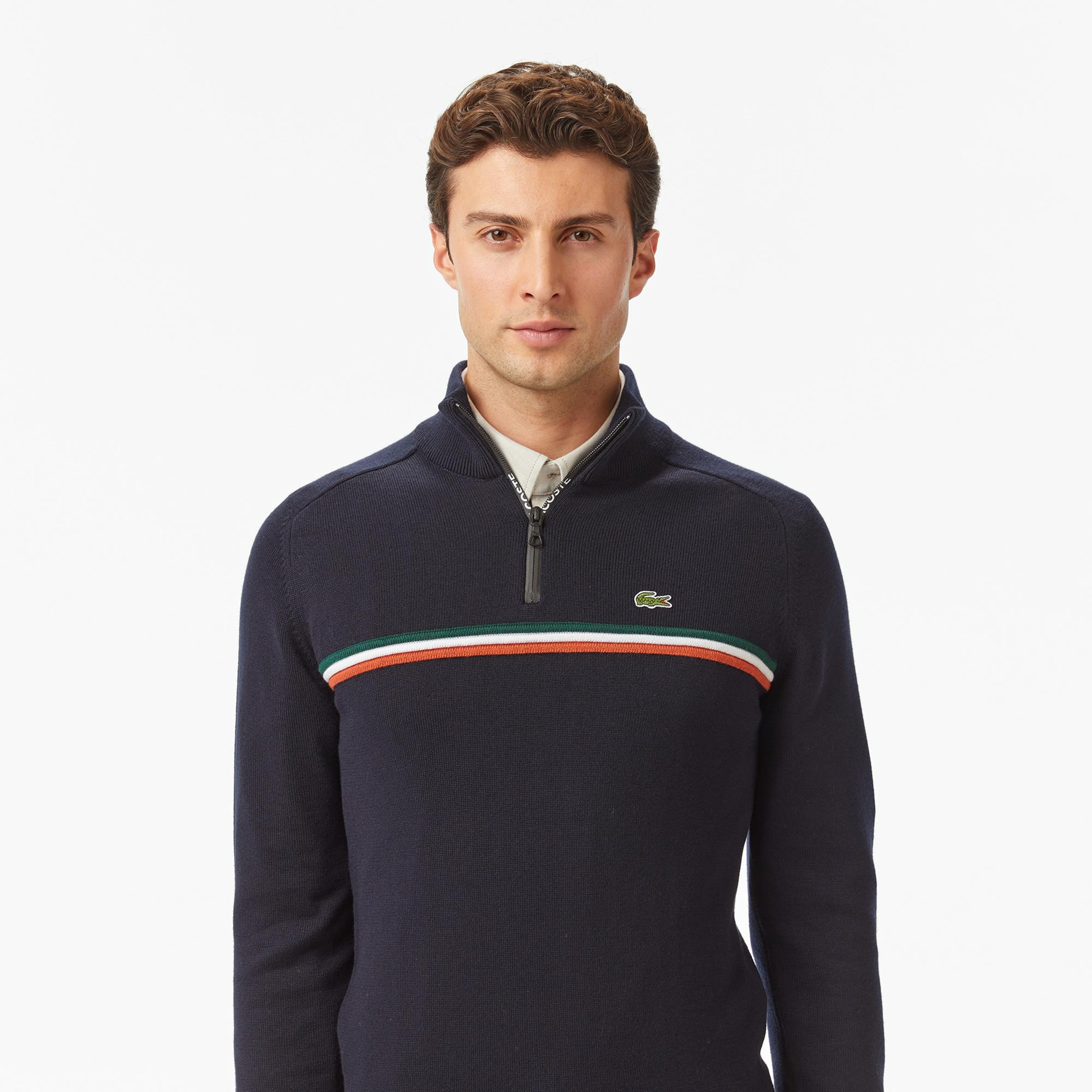 Lacoste Erkek Classic Fit Yarım Fermuarlı Çizgili Lacivert Kazak