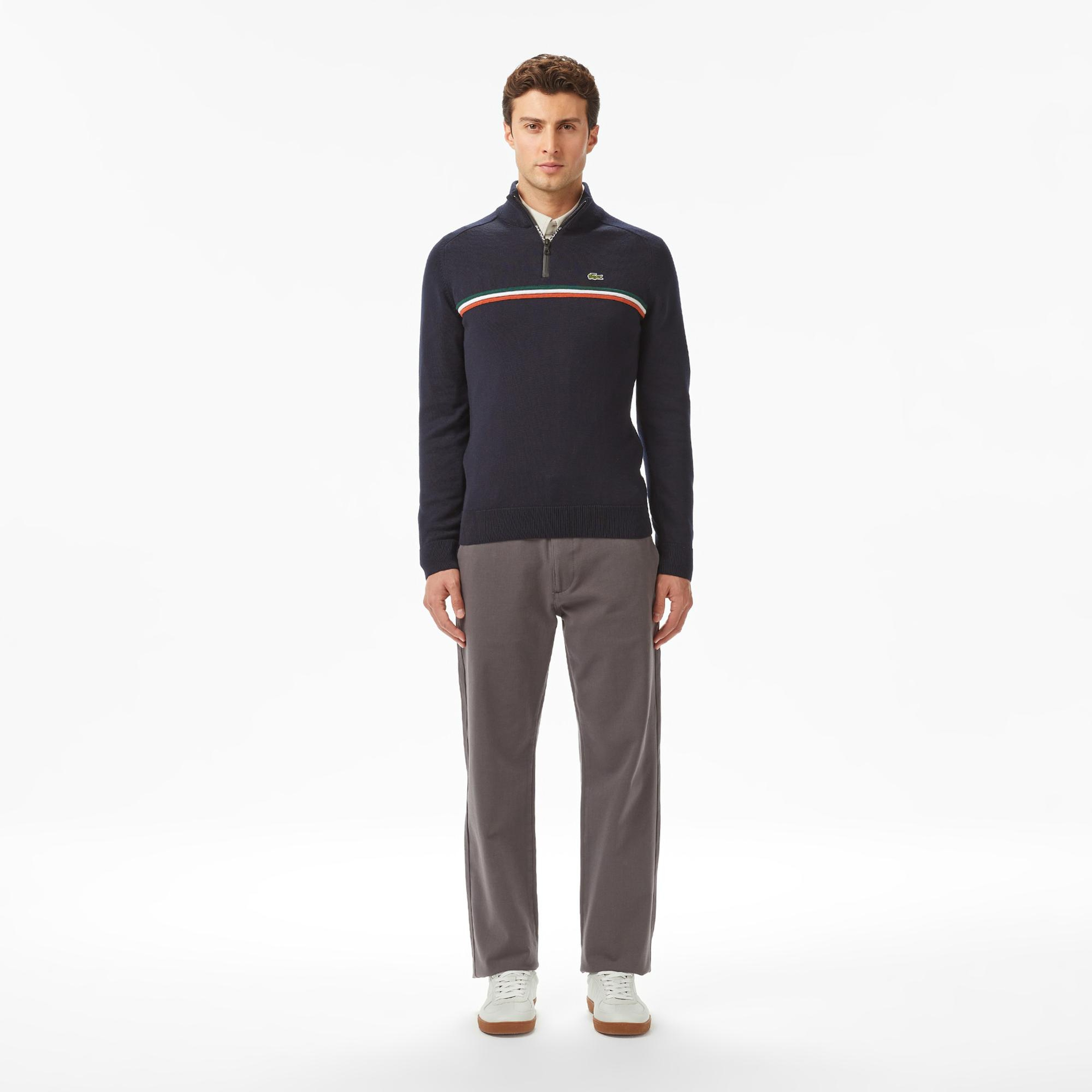 Lacoste Erkek Classic Fit Yarım Fermuarlı Çizgili Lacivert Kazak