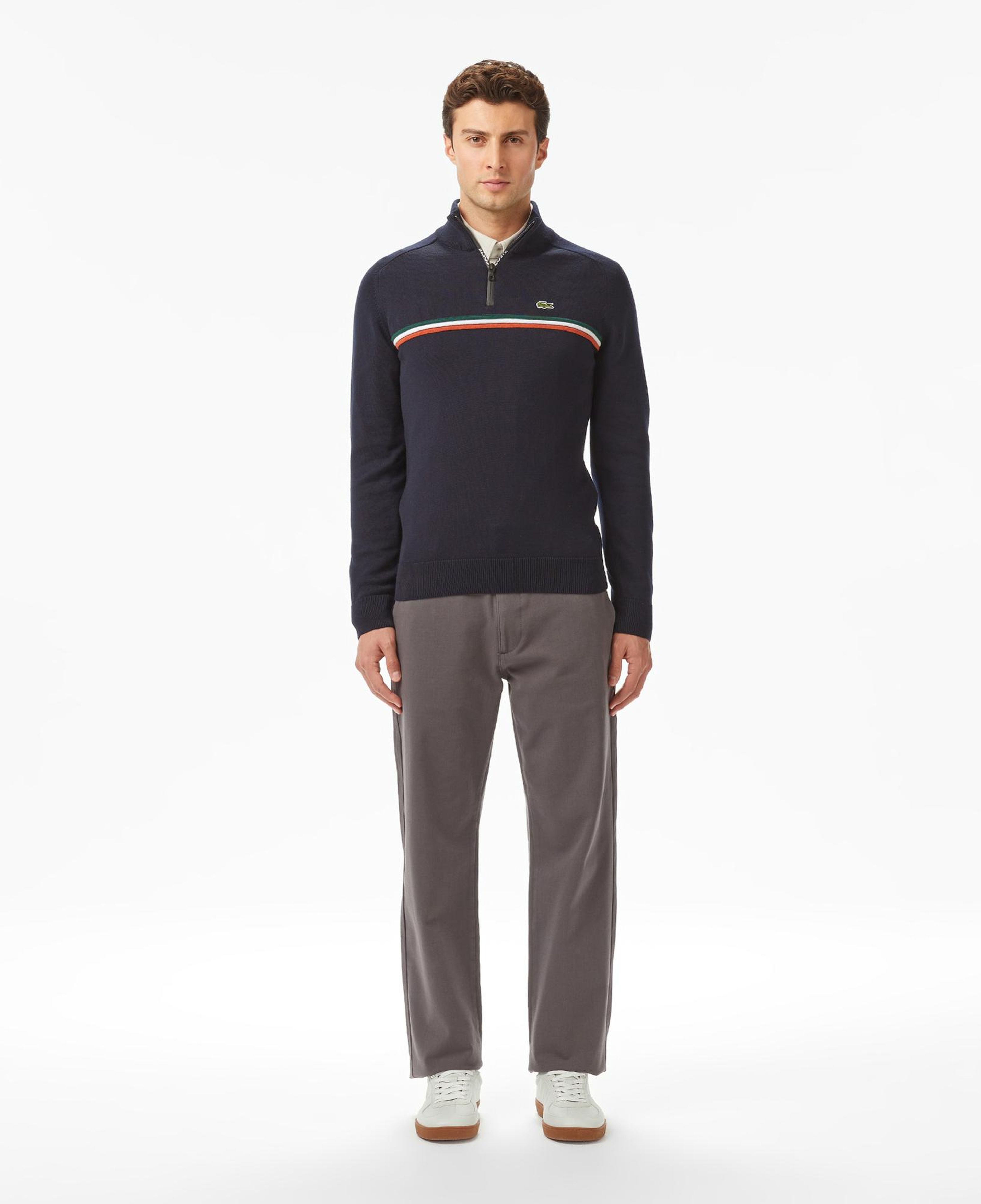 Lacoste Erkek Classic Fit Yarım Fermuarlı Çizgili Lacivert Kazak