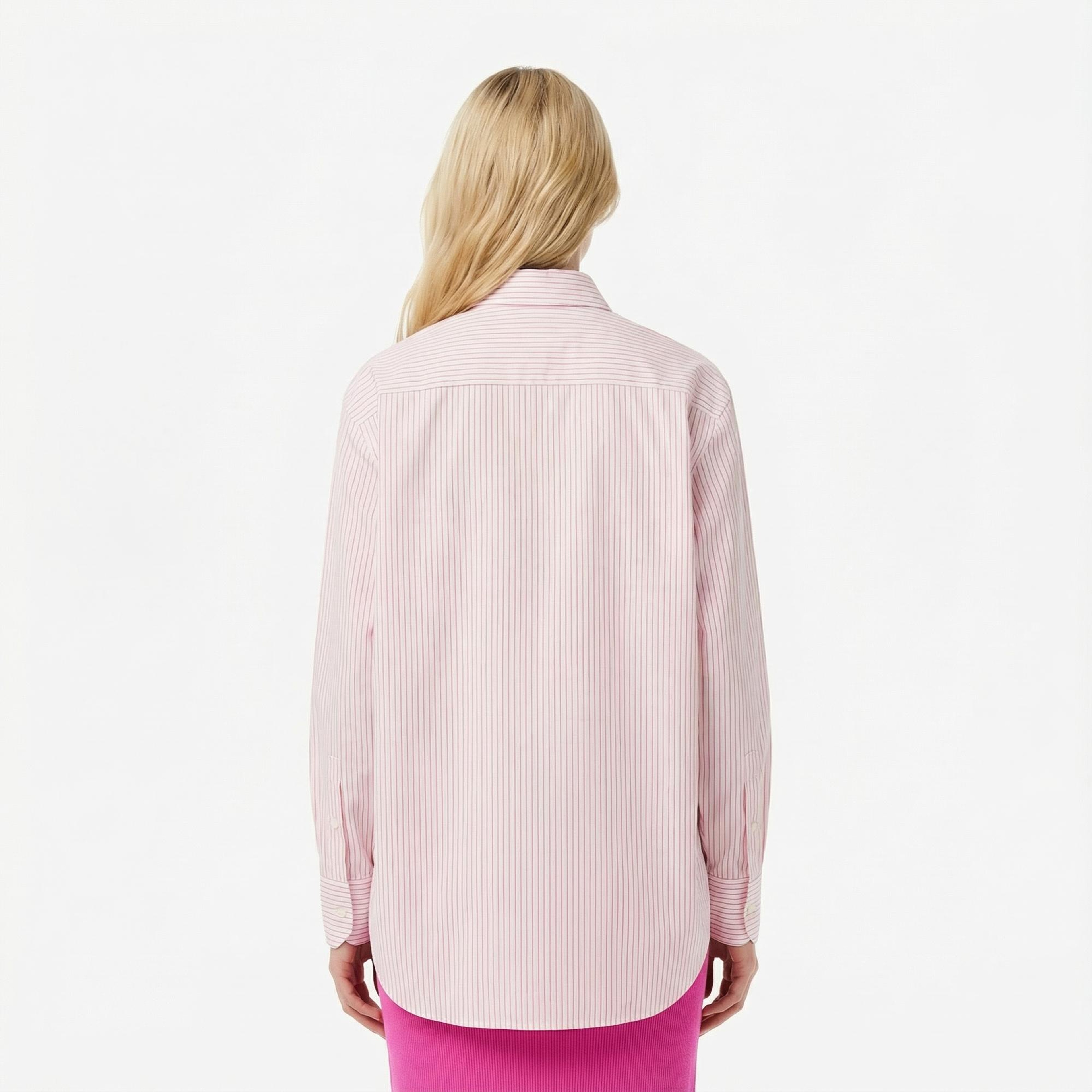 Lacoste Kadın Oversize Fit Çizgili Pembe Gömlek