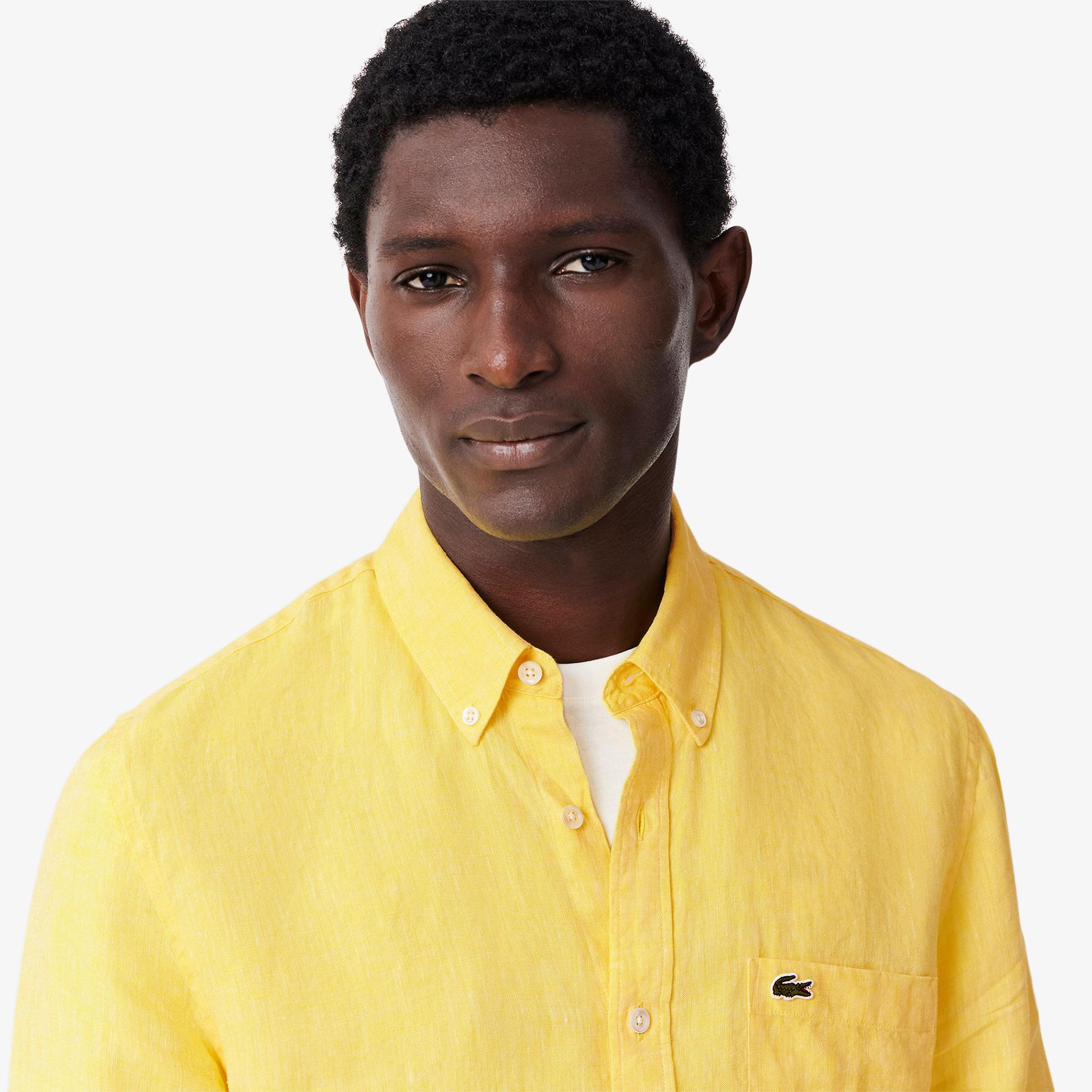 Lacoste Erkek Regular Fit Düğmeli Yaka Keten Sarı Gömlek
