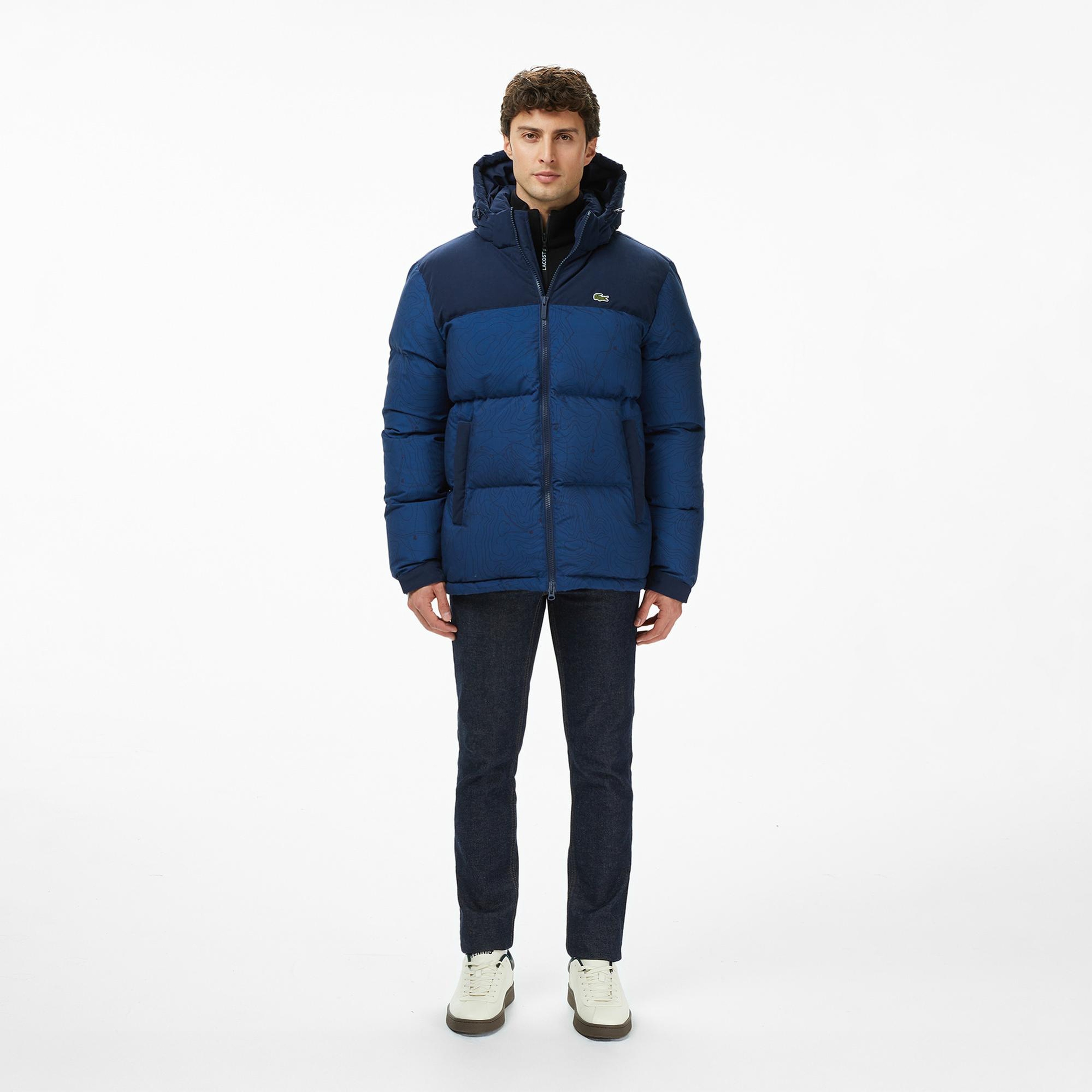 Lacoste Erkek Kapüşonlu Renk Bloklu Lacivert Mont